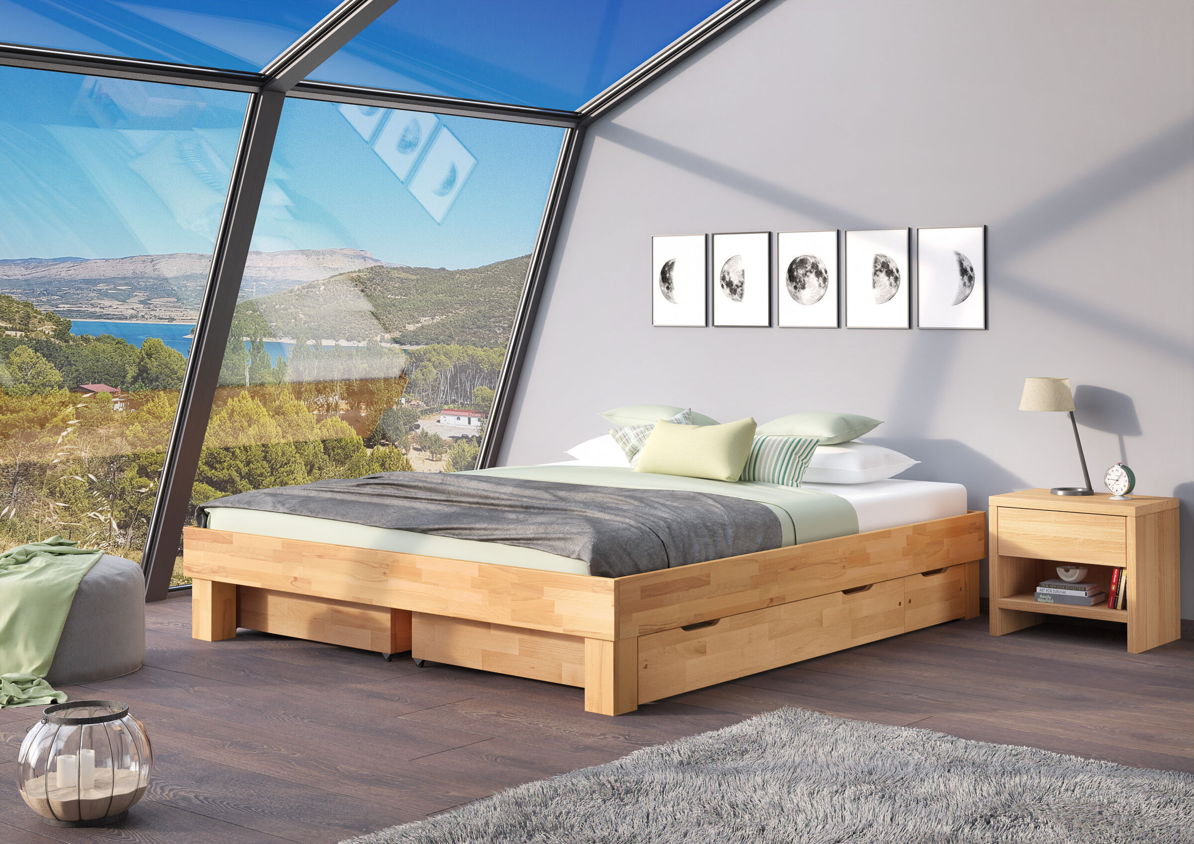 Doppelbett mit Unterbettkommoden Innenarchitektur, Mobiliar, Bett, Lampe, Schlafzimmer, Holz-Doppelbett mit Holzboxen
