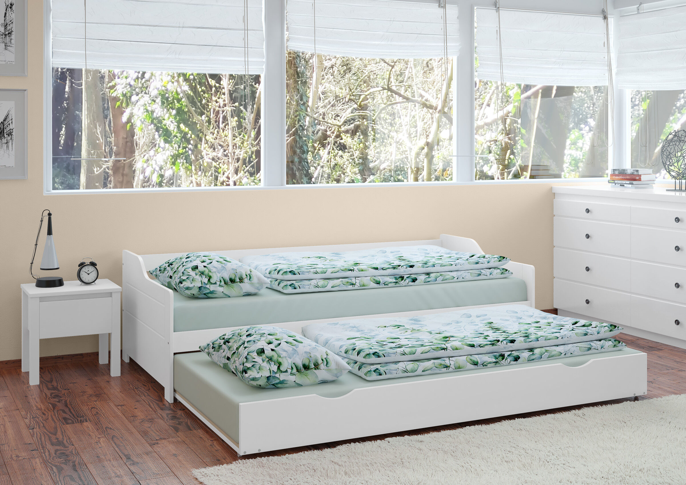 Innenarchitektur, Mobiliar, Bett, Teppich, Schlafzimmer, Elegantes Ausziehbett Kiefer 90x200