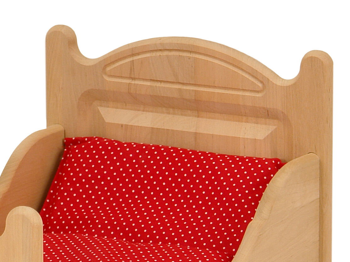 Holzstuhl, Kinderstuhl, Sessel-Kopfteil, Holzstuhl mit Armlehnen, Rotes Sitzpolster, Puppenbett im Detail