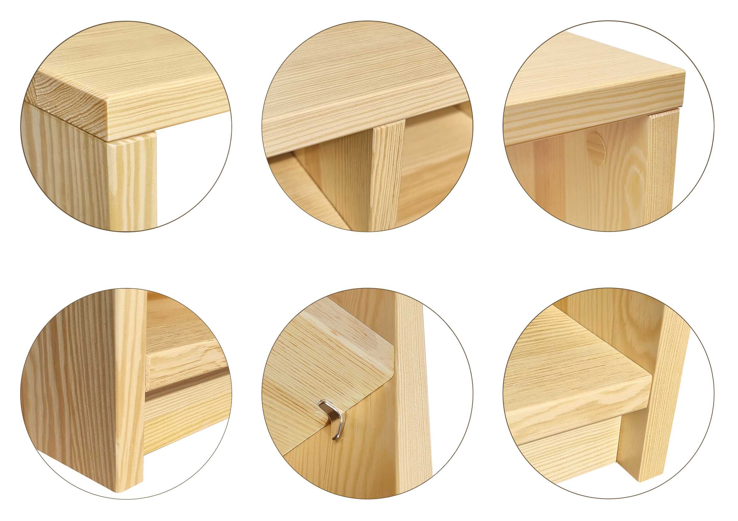 Holzstuhl, Holzverbindung, Kiefernholz, Naturholz, Eckverbindung, Detailbilder Schuhregal Kiefer