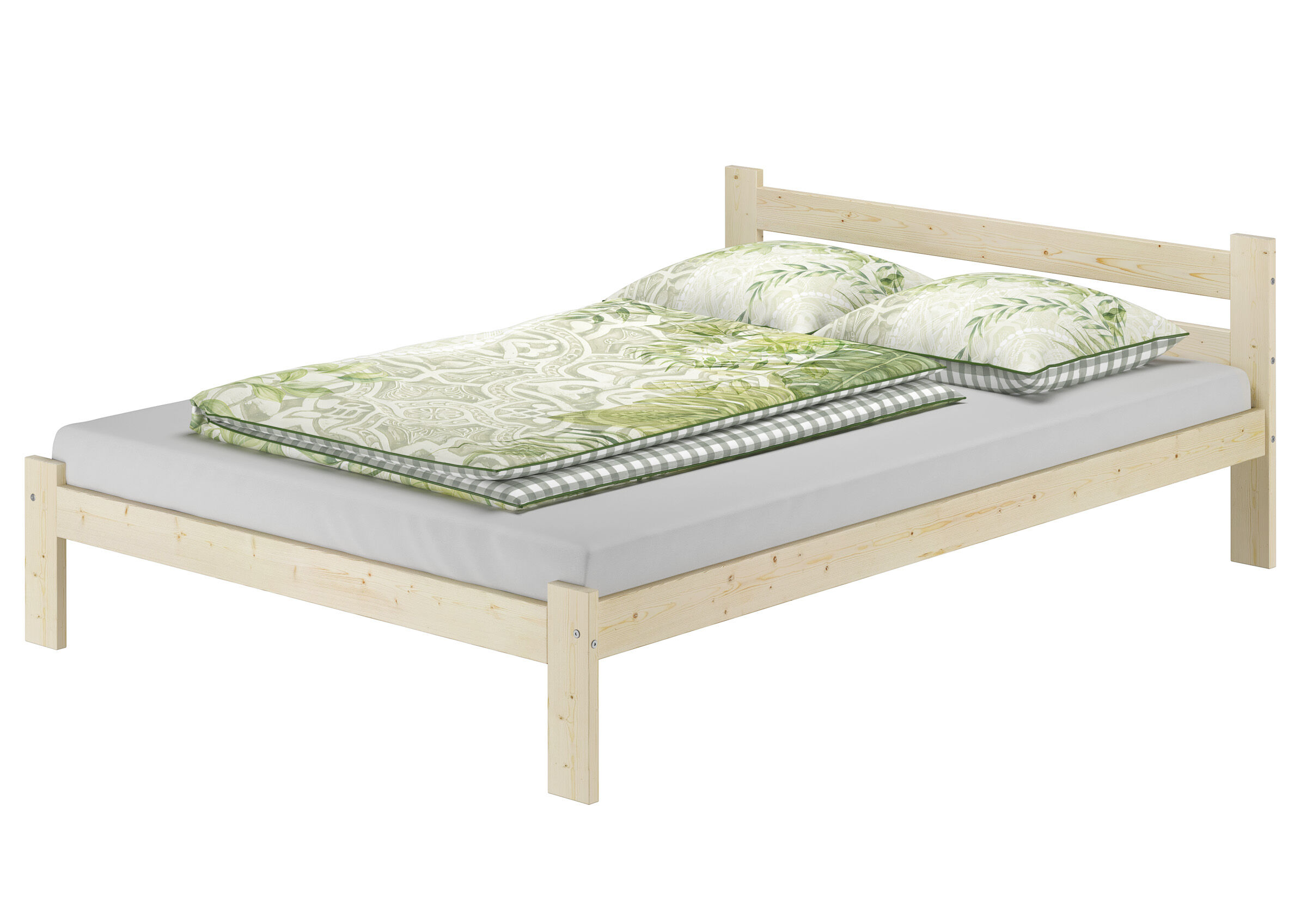 Holzbett, Kiefernholz, Bettgestell, Lattenrost, Grün gemustert duvet, Elegantes Doppelbett 140x200 mit Kopflehne