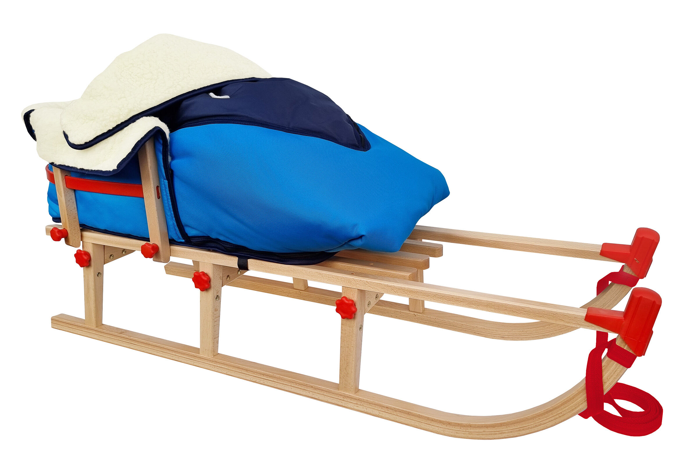 Echtholzschlitten aus Buche mit Rückenlehne und Fußsack in blau