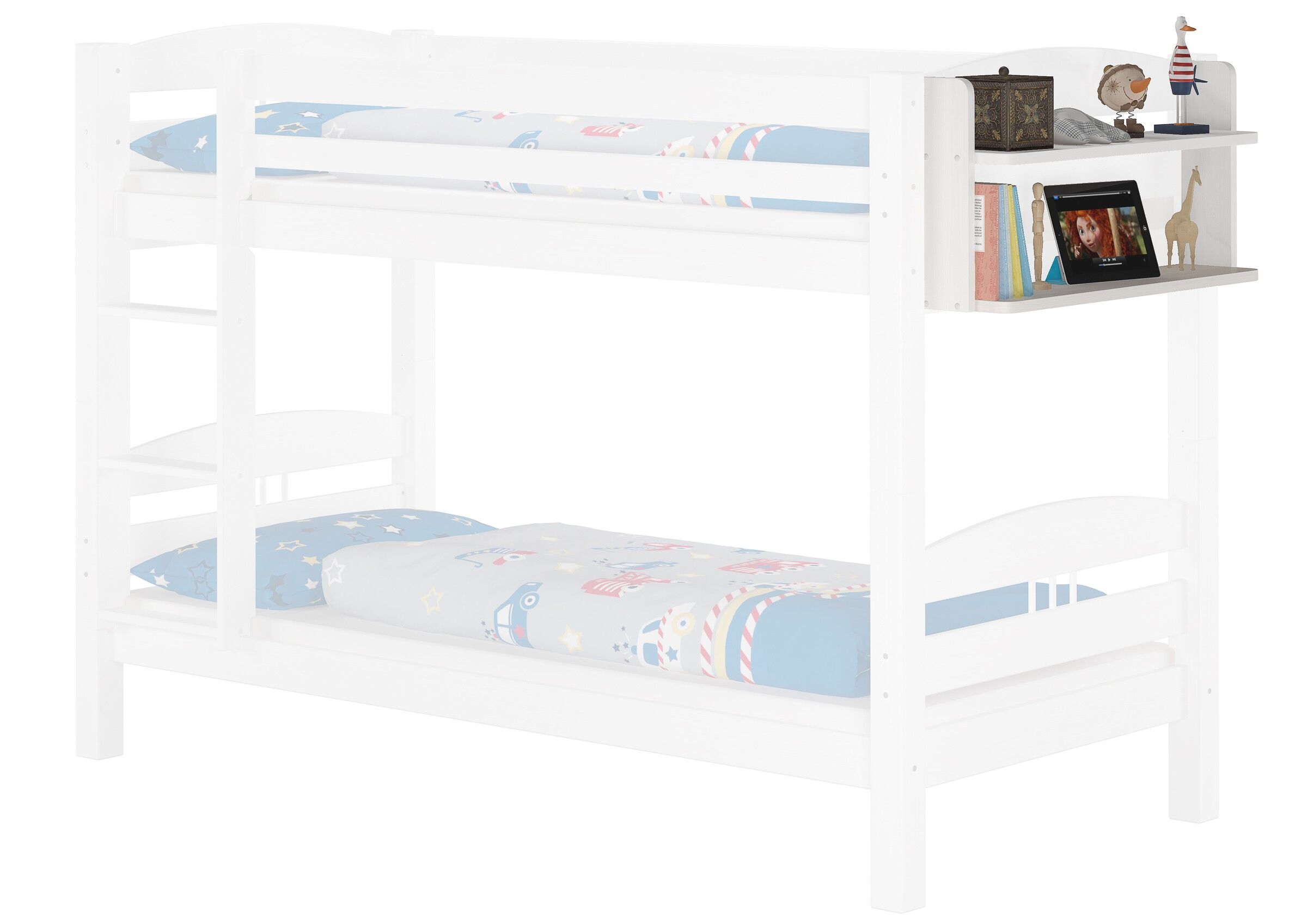 hochbett, weißer Holzbettframe, Bett mit Aufsatzregal, Kinderbettwald?, Etagenbett weiß kiefer mit Leiter links mit Zubehör