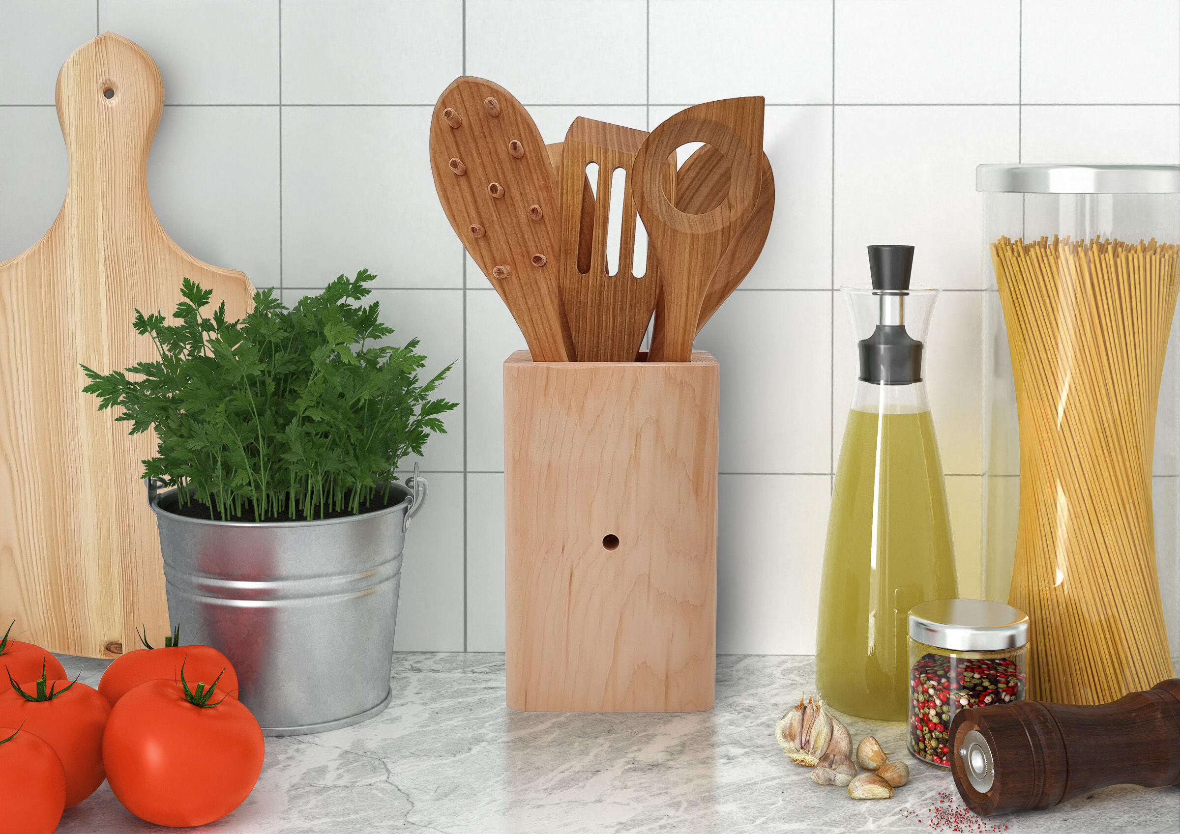 küchenutensilien, holz, pflanzentopf, tomaten, olive oil,