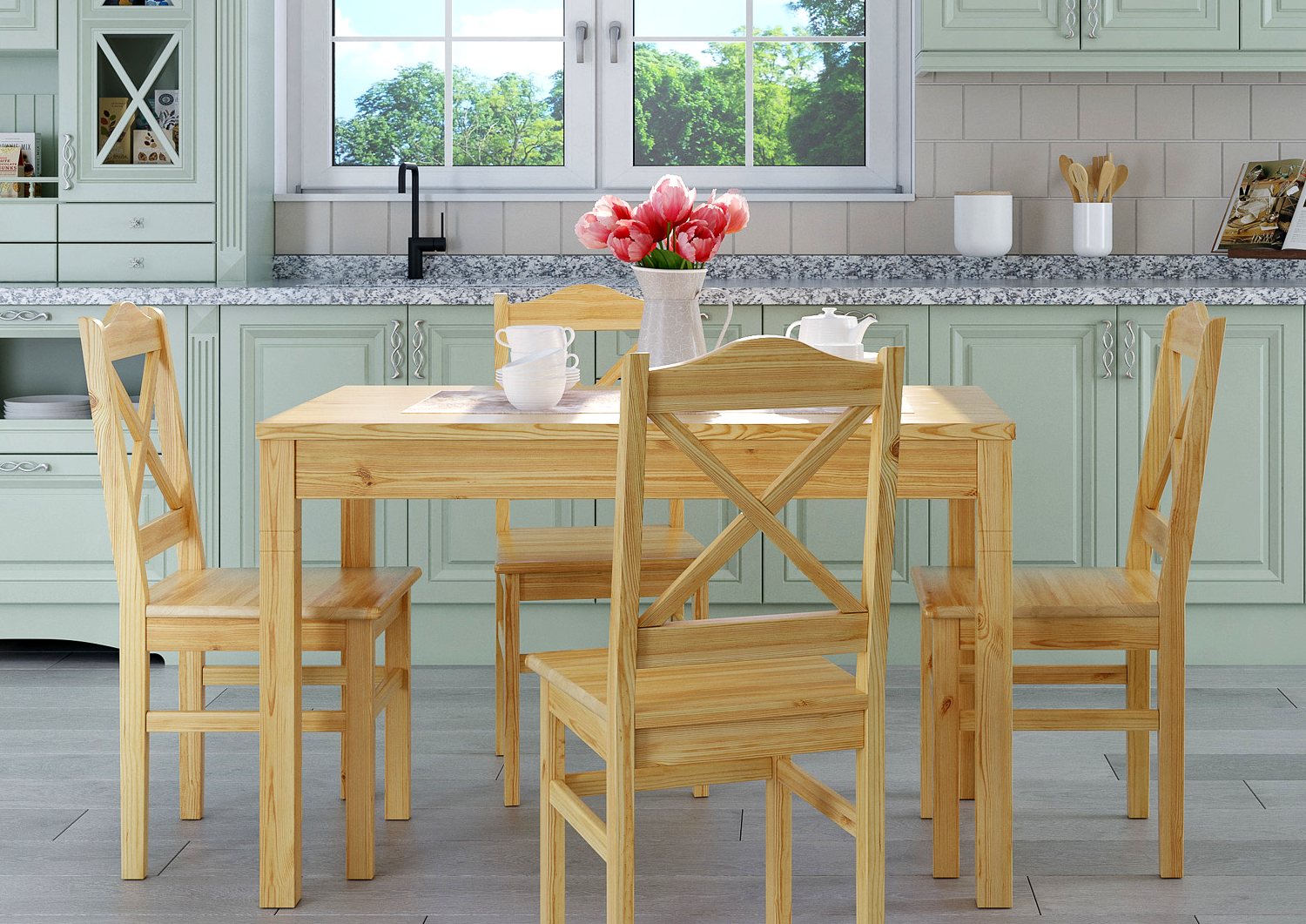 Küche, Esstisch, Holztisch, Holzstuhl, Blumenstrauß,