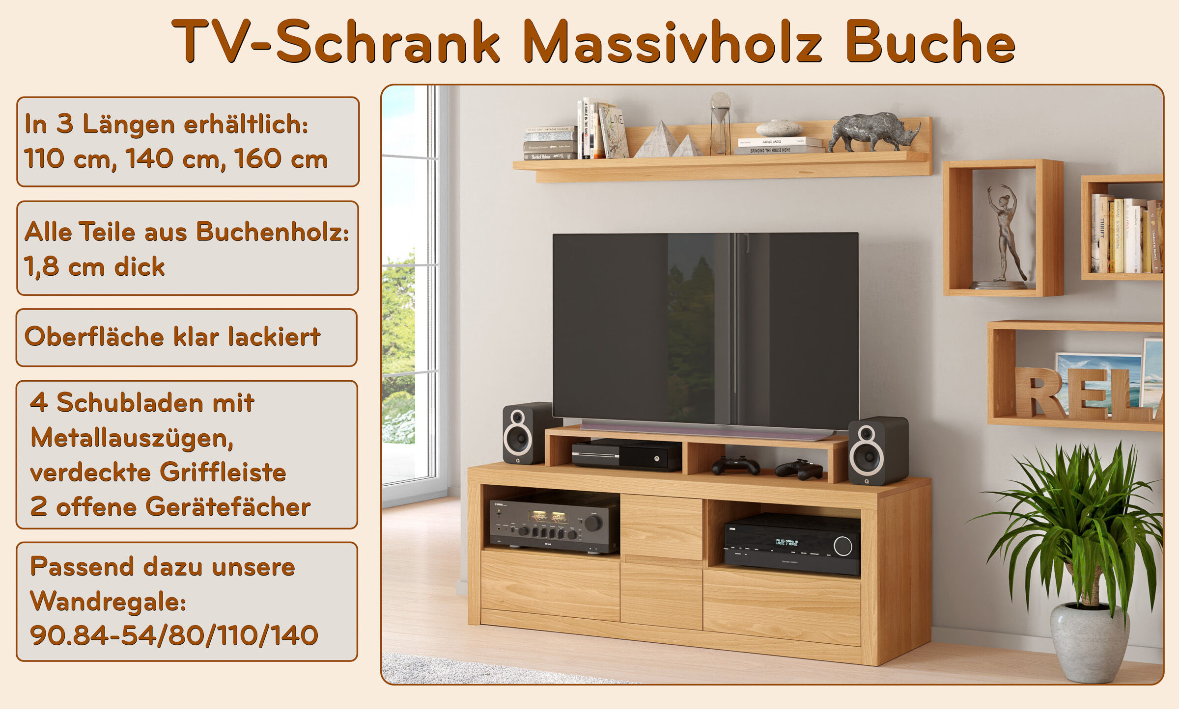 Massivholz, TV-Schrank, Wohnzimmermöbel, Regalaufsatz, Holzoptik, Highlights des Lowboards aus Buche