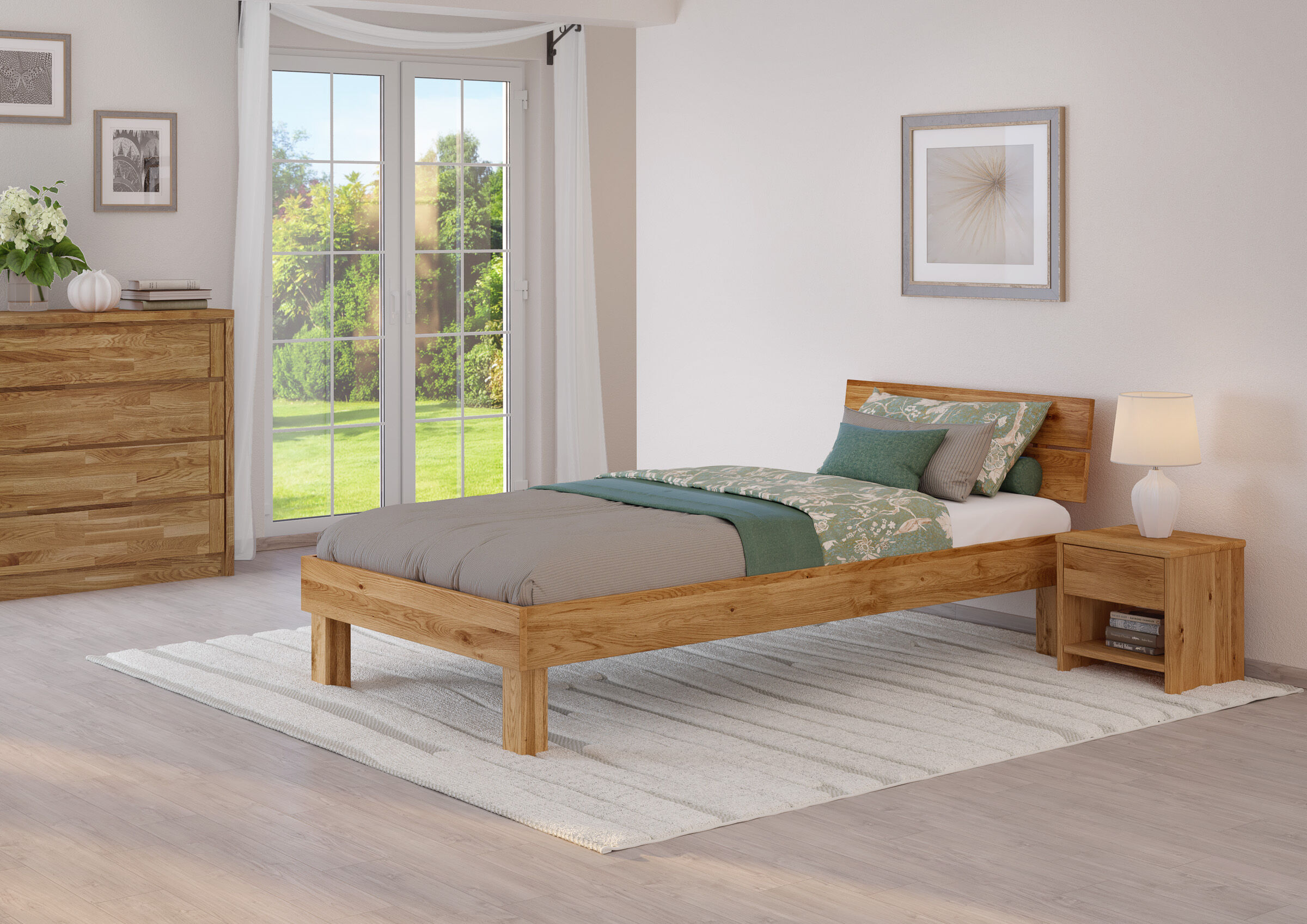 bett, holz, bettgestell, nachttisch, lampe, Schlafzimmerbild des Einzelbettes 100x200