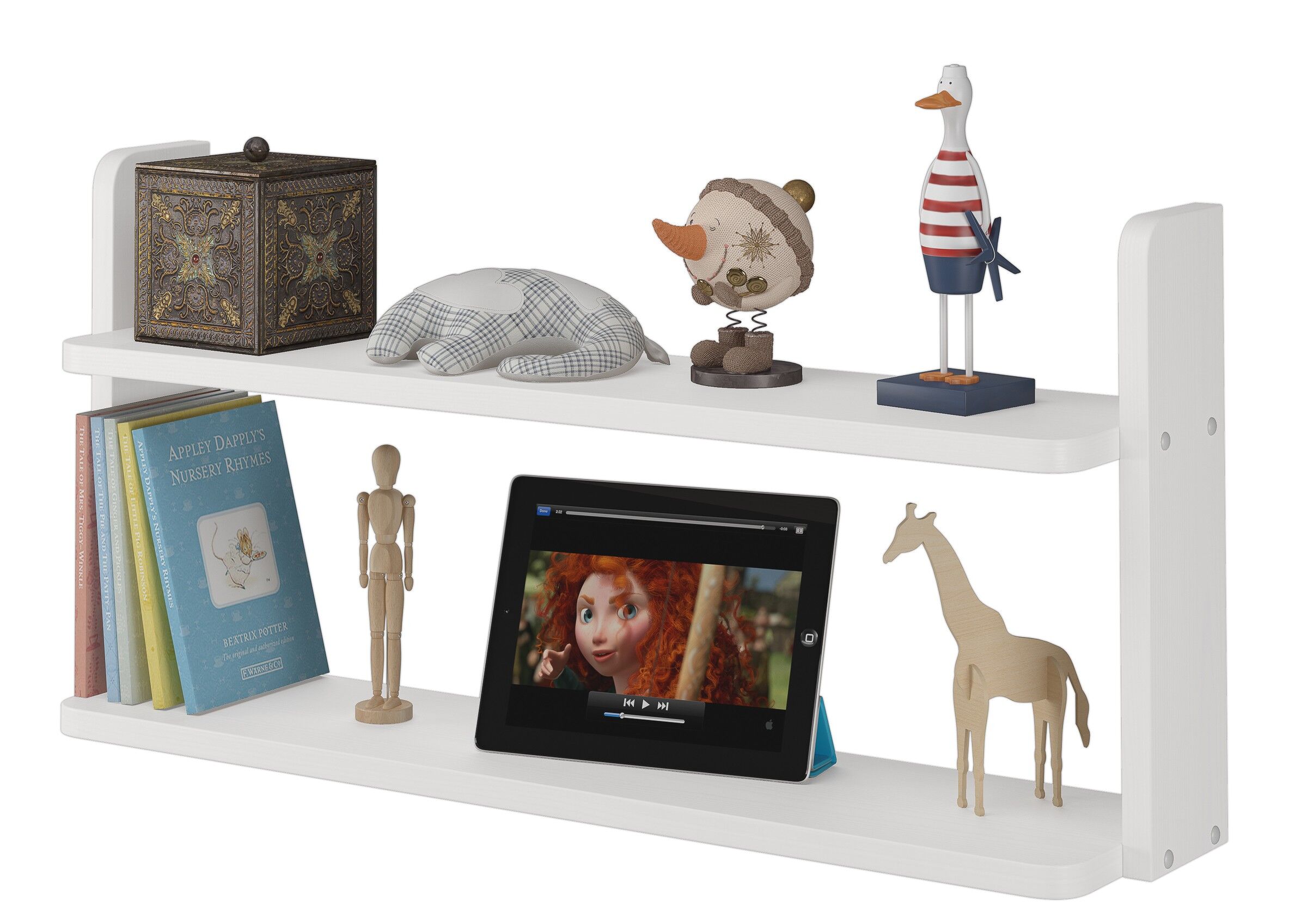 Bücher, Spielzeug, Tablet, Giraffe, Schmuckkasten, weißes Wandregal mit Bücher und Spielsachen