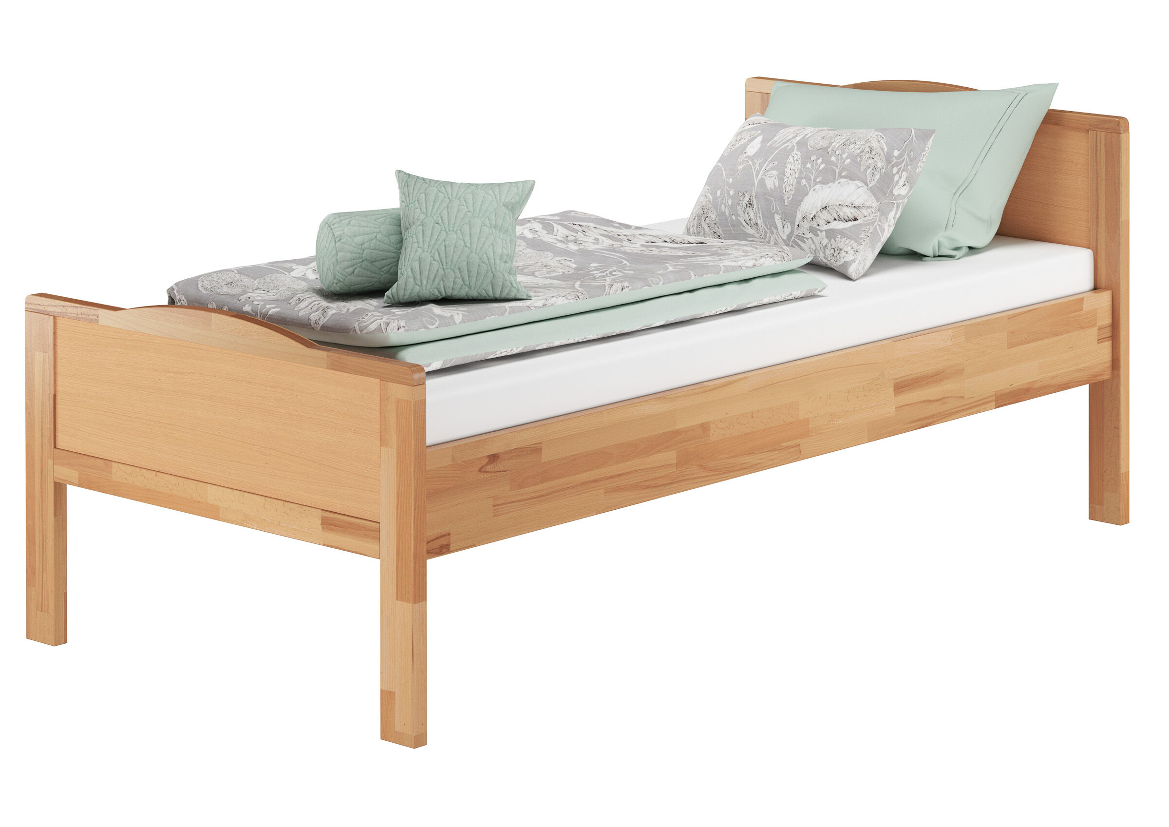 Holzbett, Kopfteil aus Holz, Einzelbett, Bettgestell, Naturholz, Buchebett hoch mit Matratze
