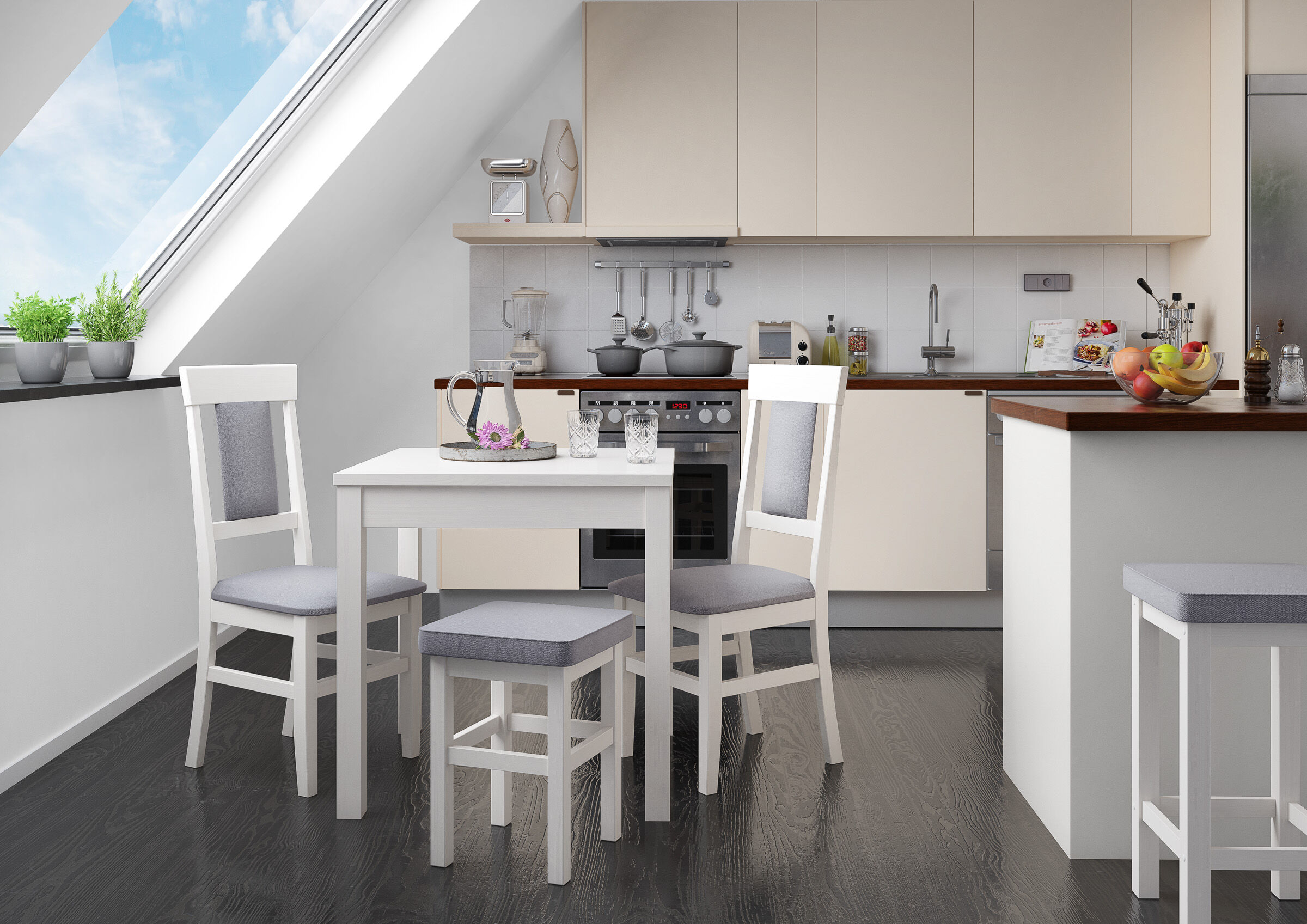 kitchen, Küche, Tisch, Hocker, Herd, Stühle plus Hocker