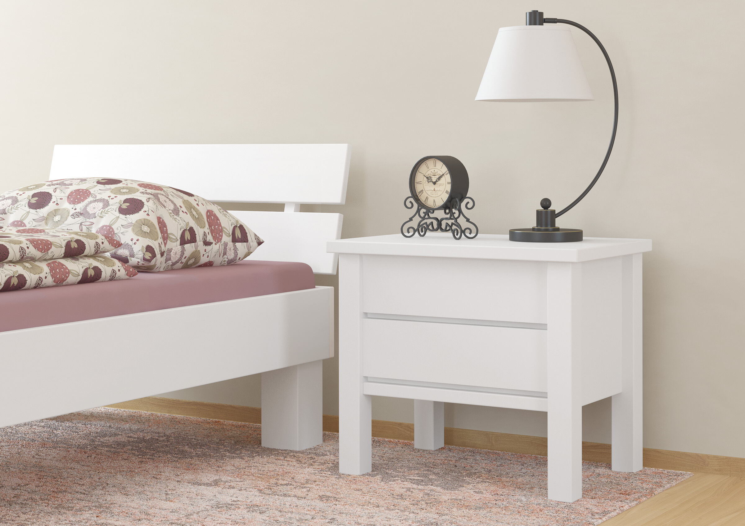 Schlafzimmer, Nachttisch, Tischlampe, Uhr, Bettgestell, moderner weißer Nachttisch