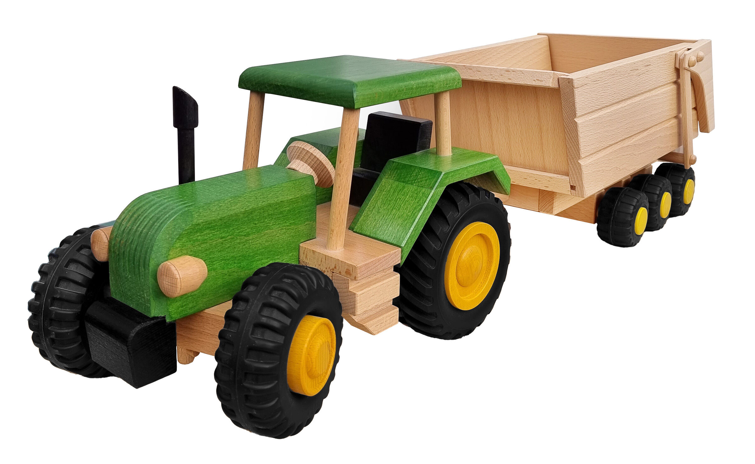 Holzspielzeug, Traktor, Holzfahrzeug, Gelber Rad, Anhänger, Traktor aus Holz mit Anhänger