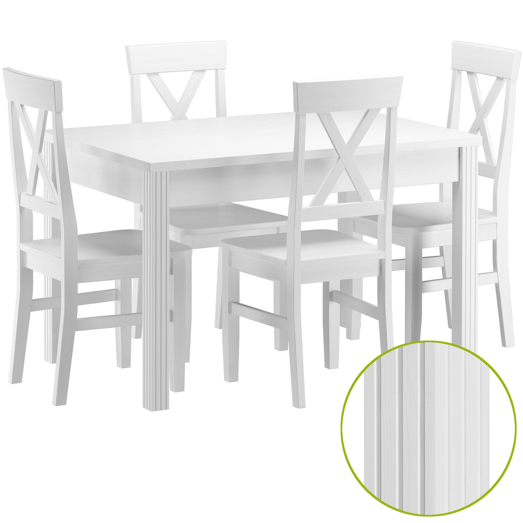 Esstischset, Holzstuhl, Esstisch, Klarlack/Weiße Lackierung, Sitzmöbel-Set,