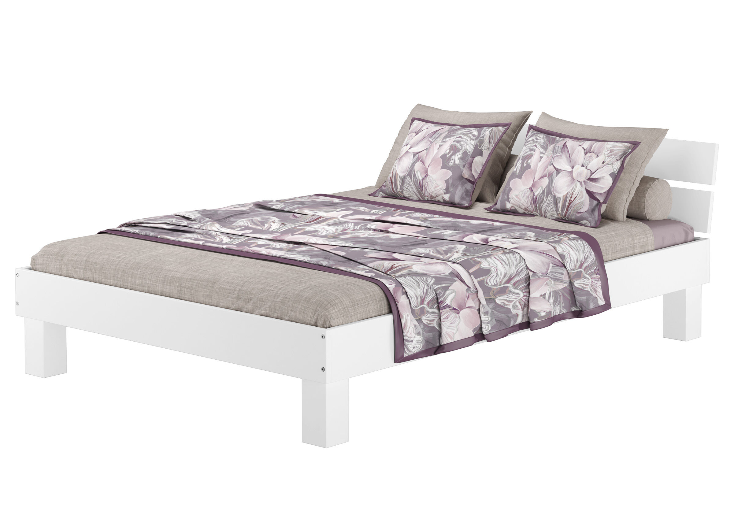 Bettbettwäsche, Kissenbezüge, Blumenmuster, Lavendel-Lila, Weiße Bettkonstruktion, Schönes Echtholzbett 140x220 aus Buche