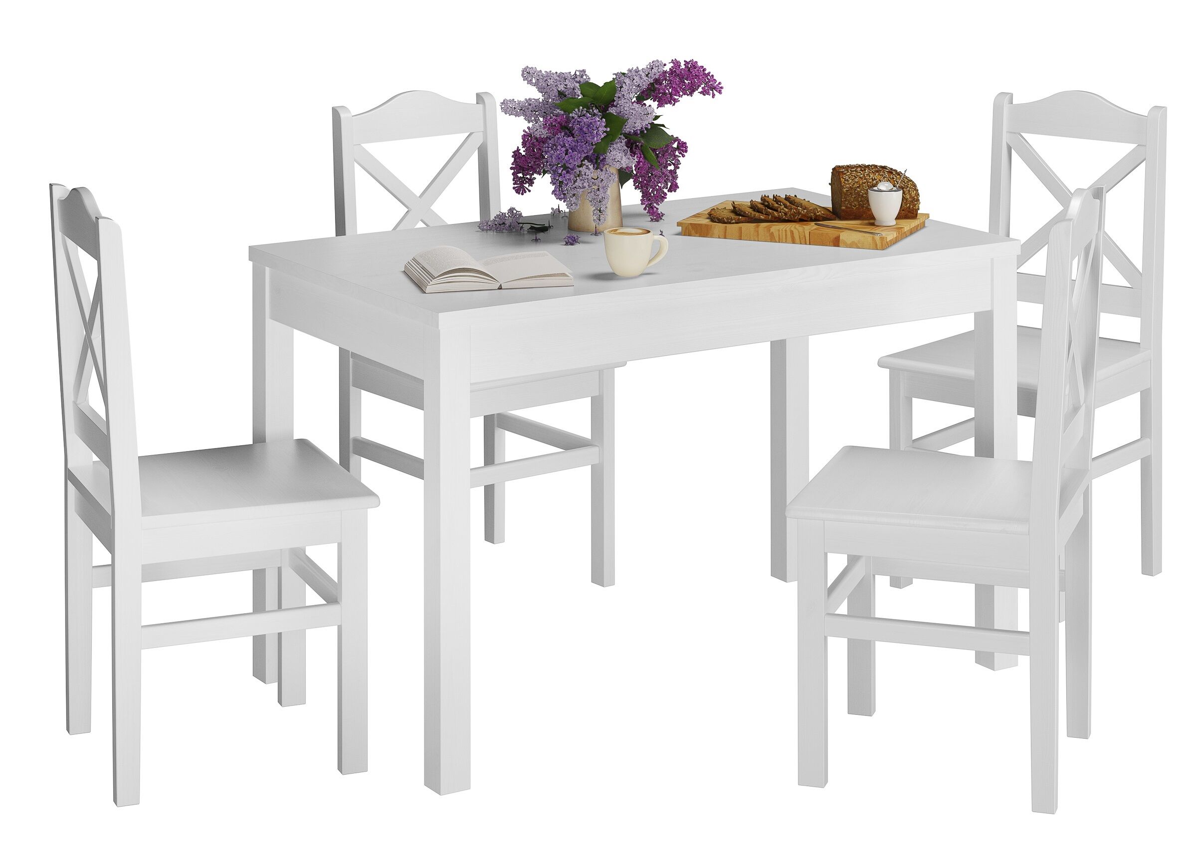 Esstisch, Weißer Tisch, Holztisch, Vierstuhltisch, Blumenstrauß, Essgruppe aus massiver Kiefer mit Deko, Stuhlmodell 20, waschweiß lackiert, 80 x 120 cm, Glatte Tischbeine
