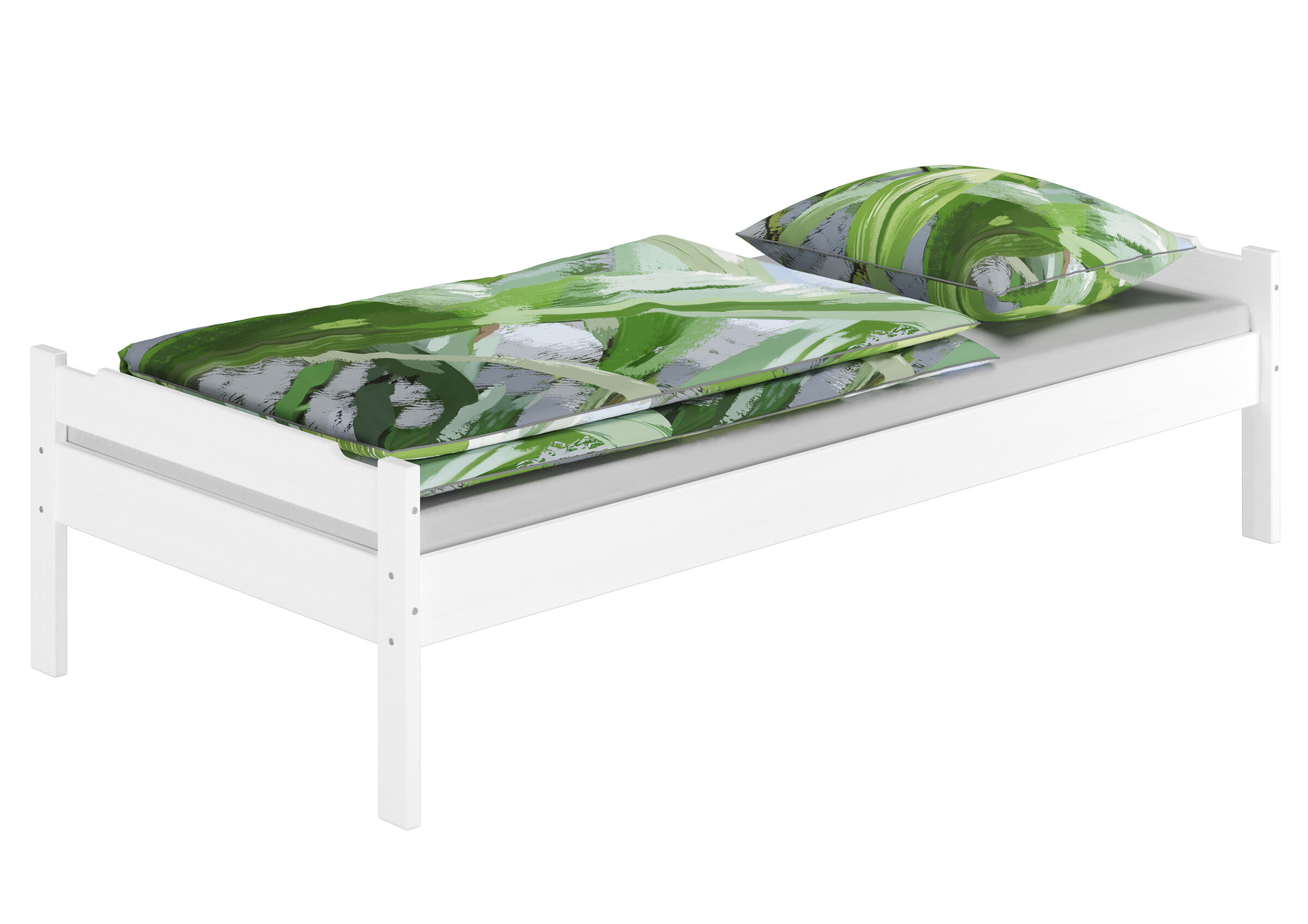 Einzelbett, Holzbett, Weiße Möbel, Grün gemustert, Bettwäsche Set, Klassisches Massivholzbett 90x200 waschweiß