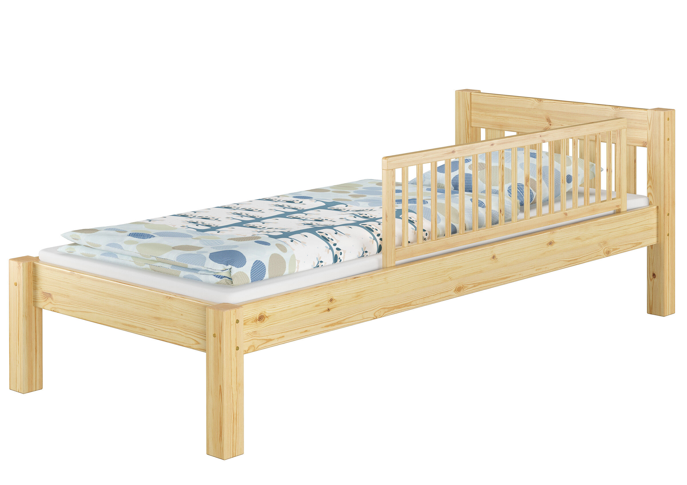 Holzbett, Kleinkindbett, Lattenrost, Matratze, Streifenmuster, Holzbett mit eingesteckter Kindersicherung