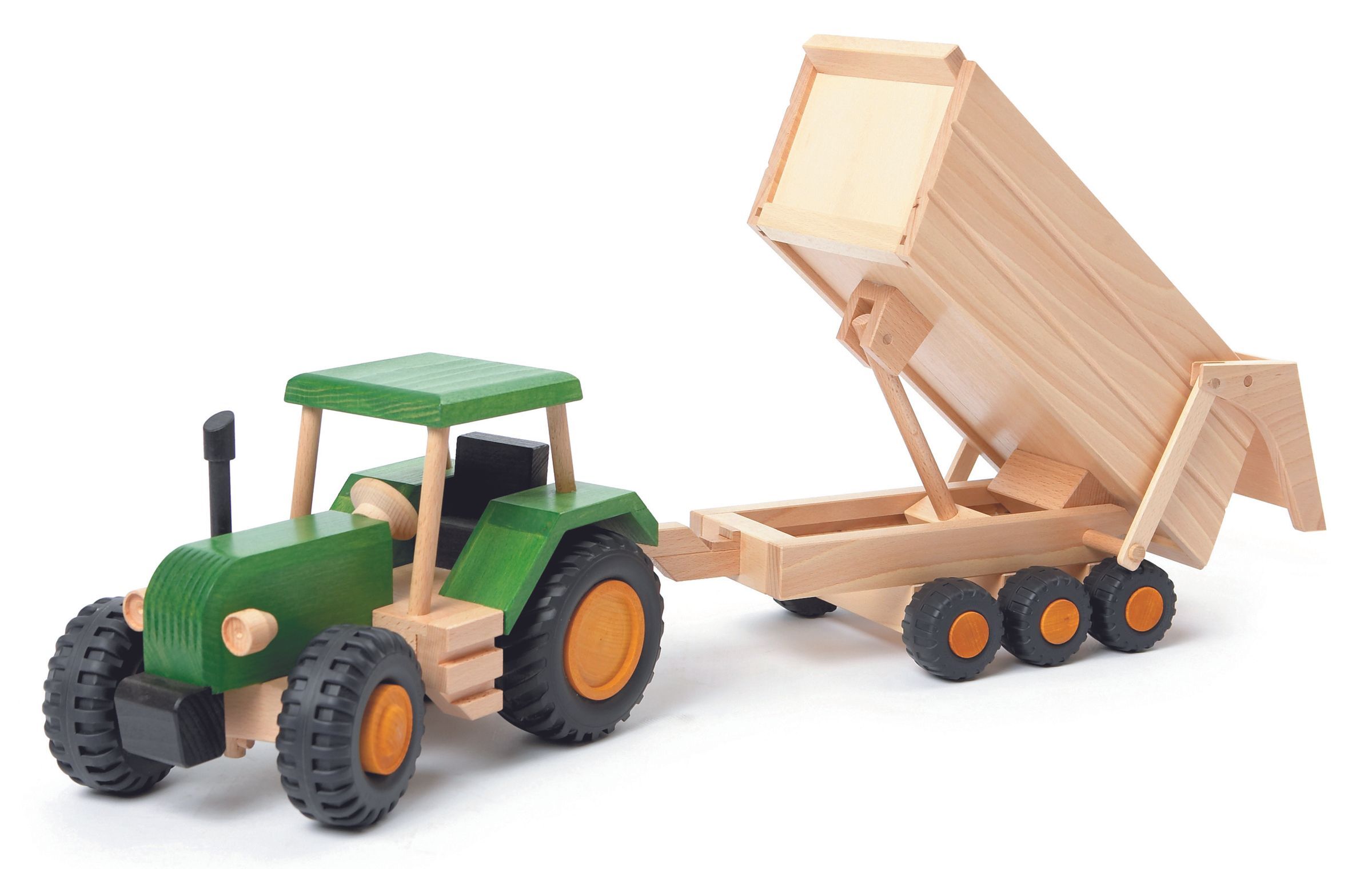 Holz-Spielzeug, Kettenfahrzeug, Traktor, Anhänger, Holzauto, Traktor aus Holz mit Anhänger