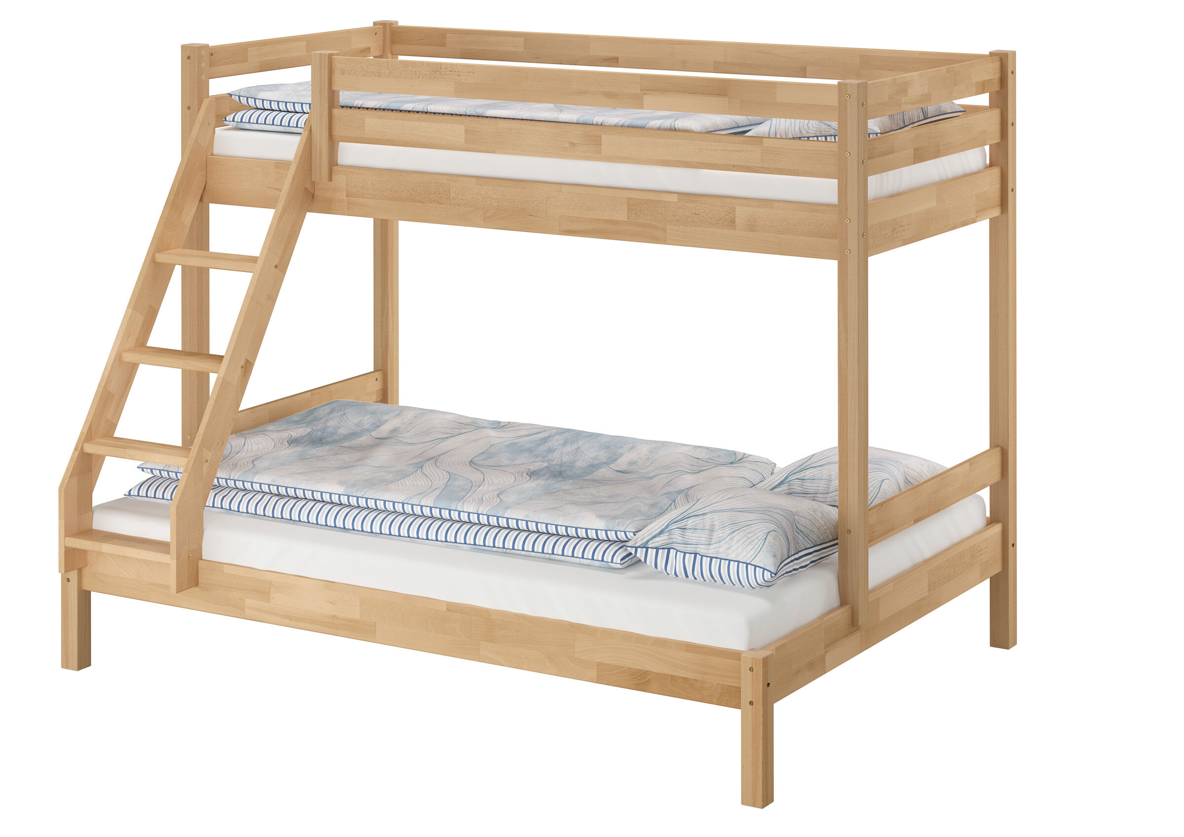 Holzhochbett, Etagenbett, Leiterbett, Doppelstockbett, Naturholz, Gemütliches Stockbett mit 3 Schlafplätzen