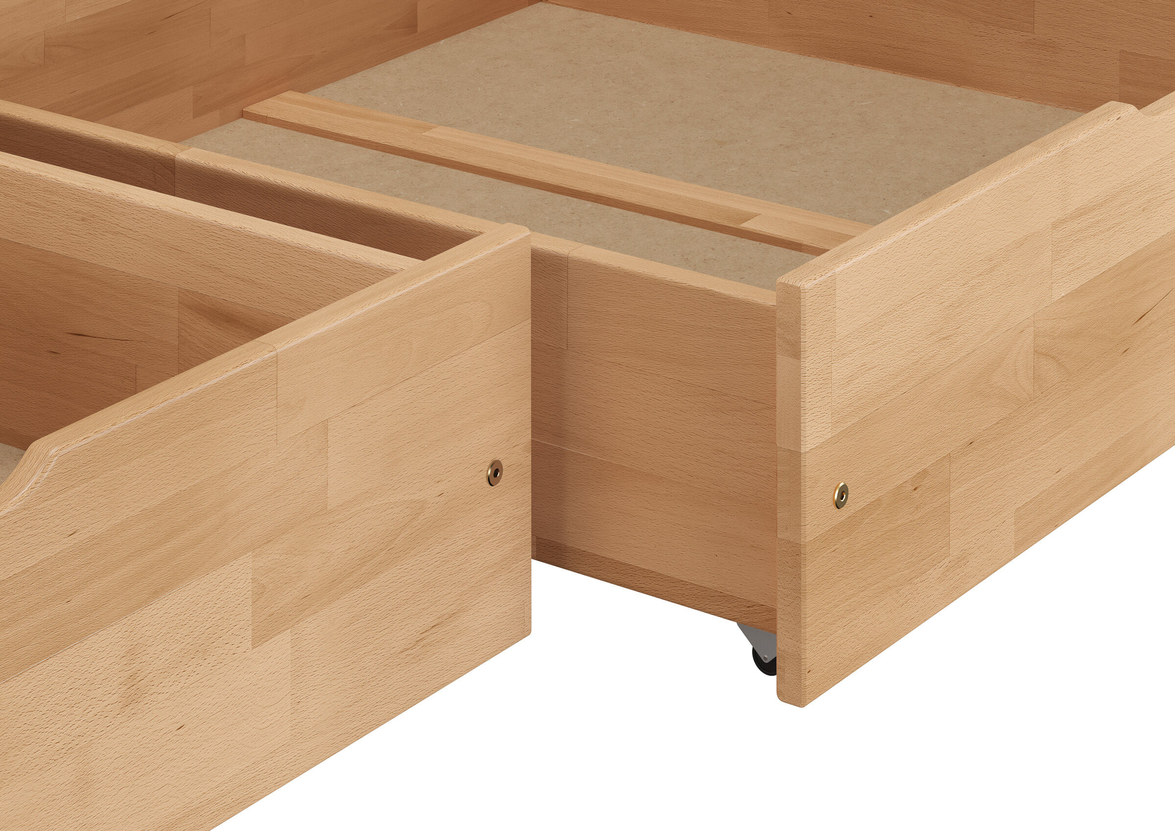 Bettgestell, Holz, Schublade, Rollen, Montage Möbel, Detailbild des Holz Schubladen