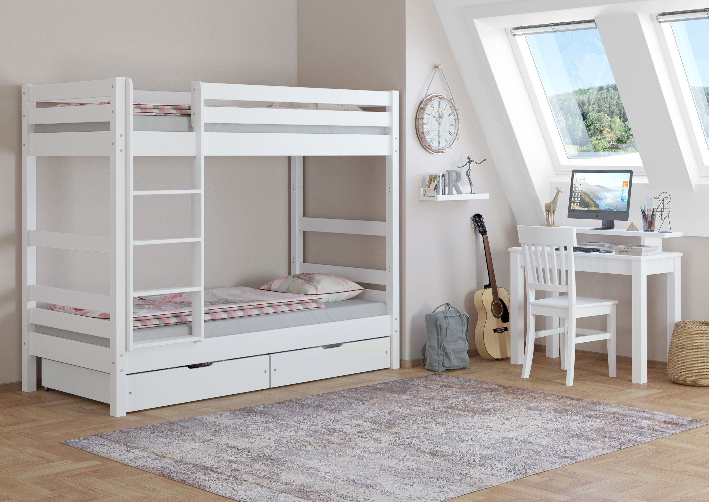 hochbett, weiße möbel, schreibtisch, gitarren, teppich, Zimmerbild des Etagenbettes mit Bettschubladen