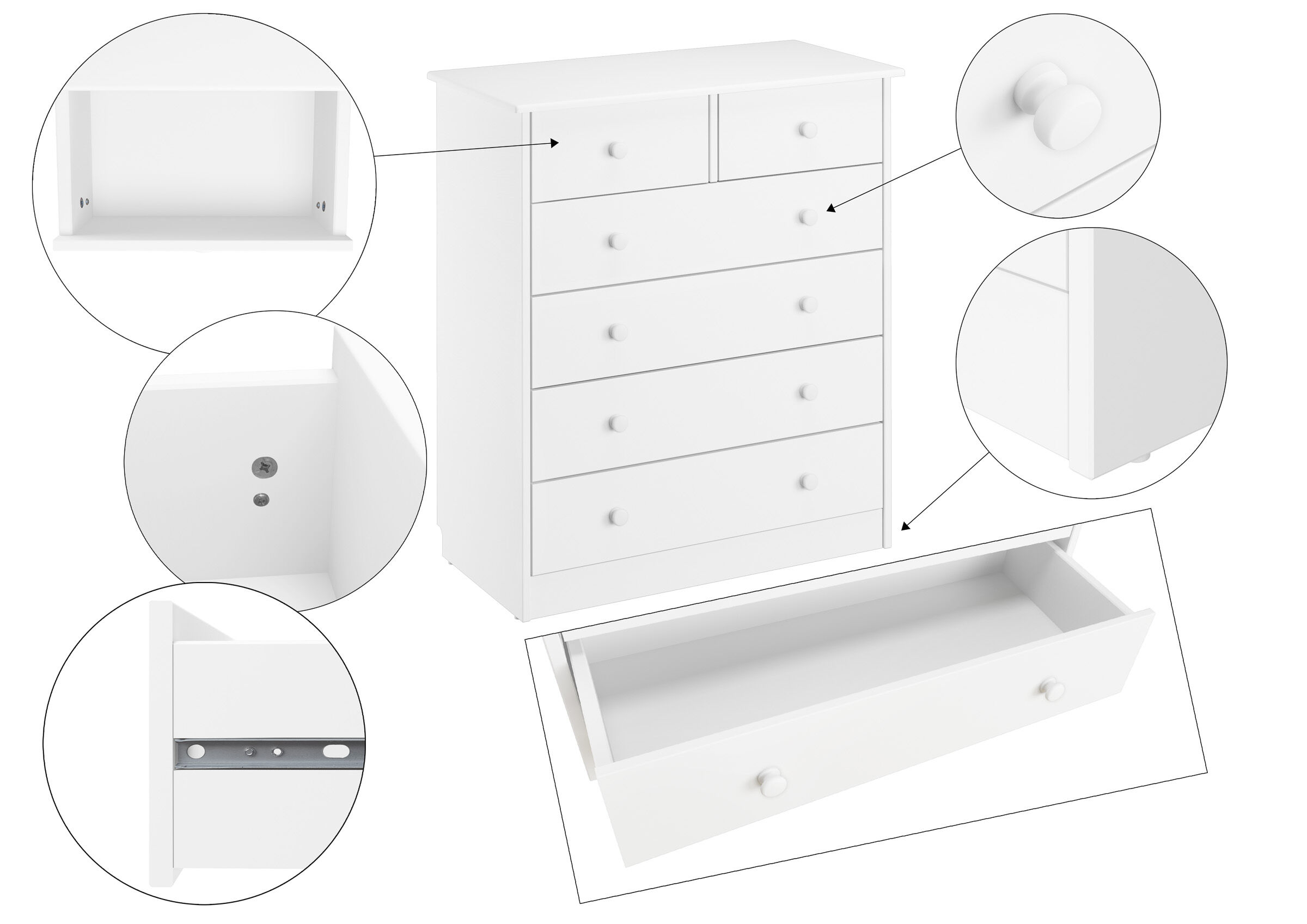 Schubladenkommode, Weiß, Holzmöbel, Kompakt, Schubladen, Detailbilder Schubladenkommode weiß