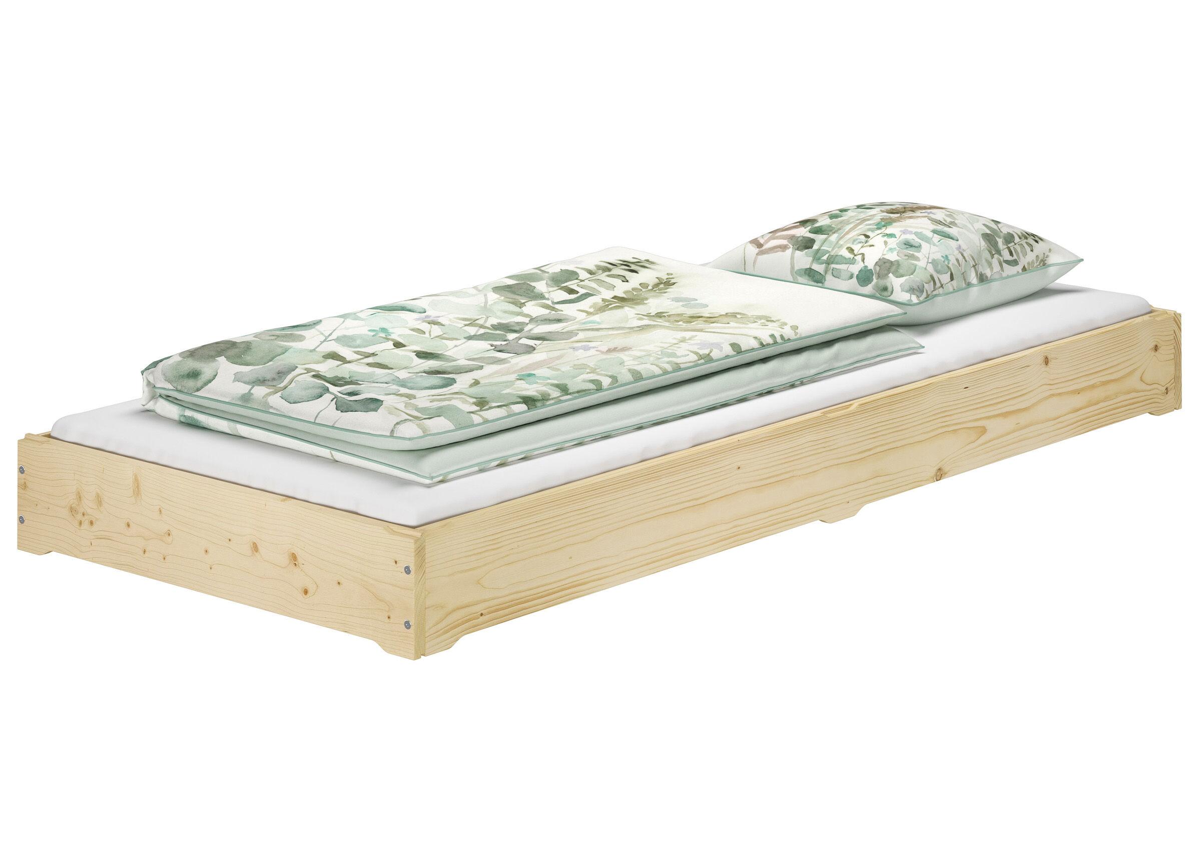 Holzbett, Bettrahmen, Bettgestell, Bett mit Muster, Grün-weiße Bettwäsche, Stapelbares Bett 80x200 Fichte geölt