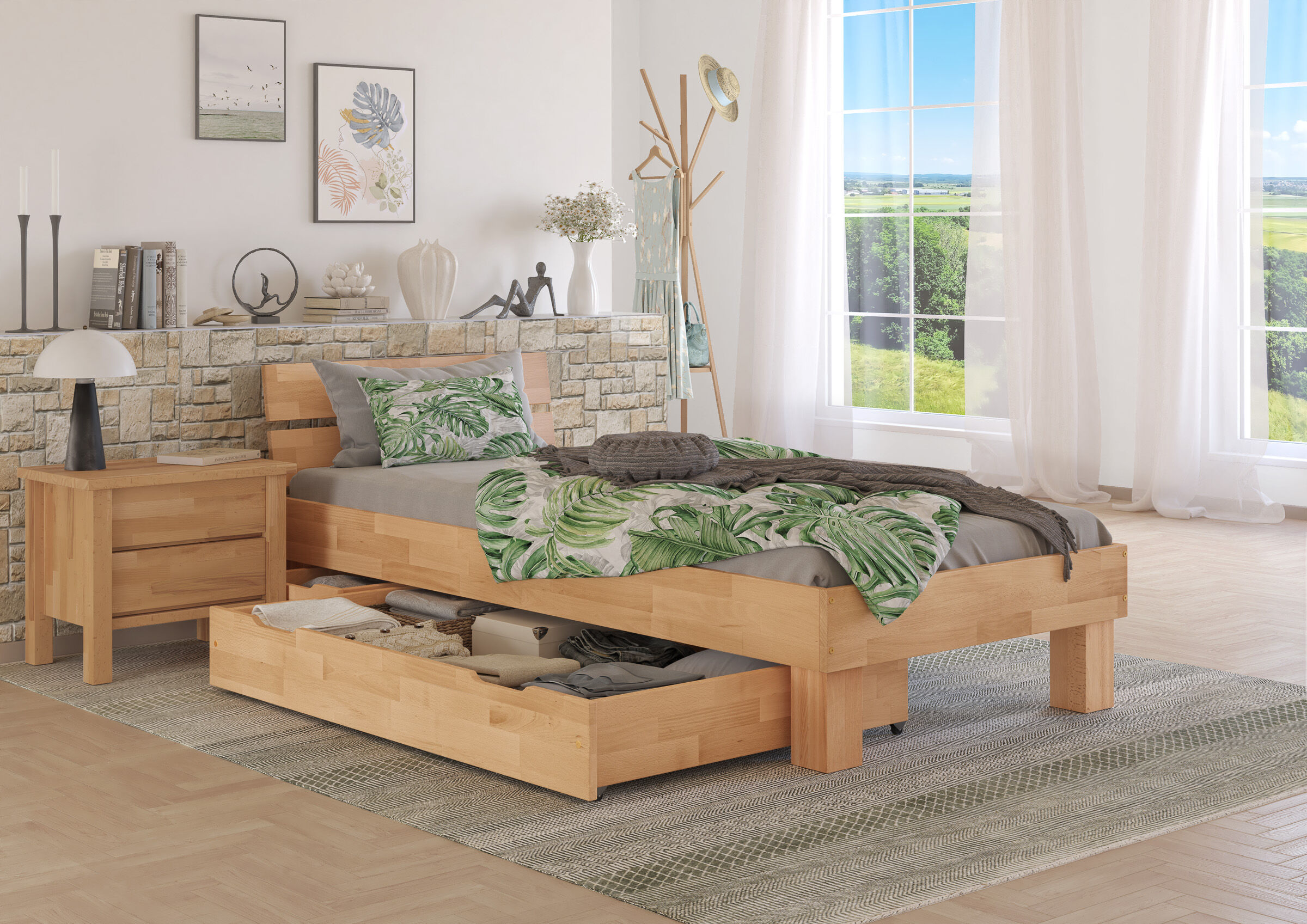 holzbettrahmen, holzbettenrahmen, bett mit stauraum, grün-blättermuster, nachtischkommode, Zimmerbild des Echtholzbettes mit Bettkasten