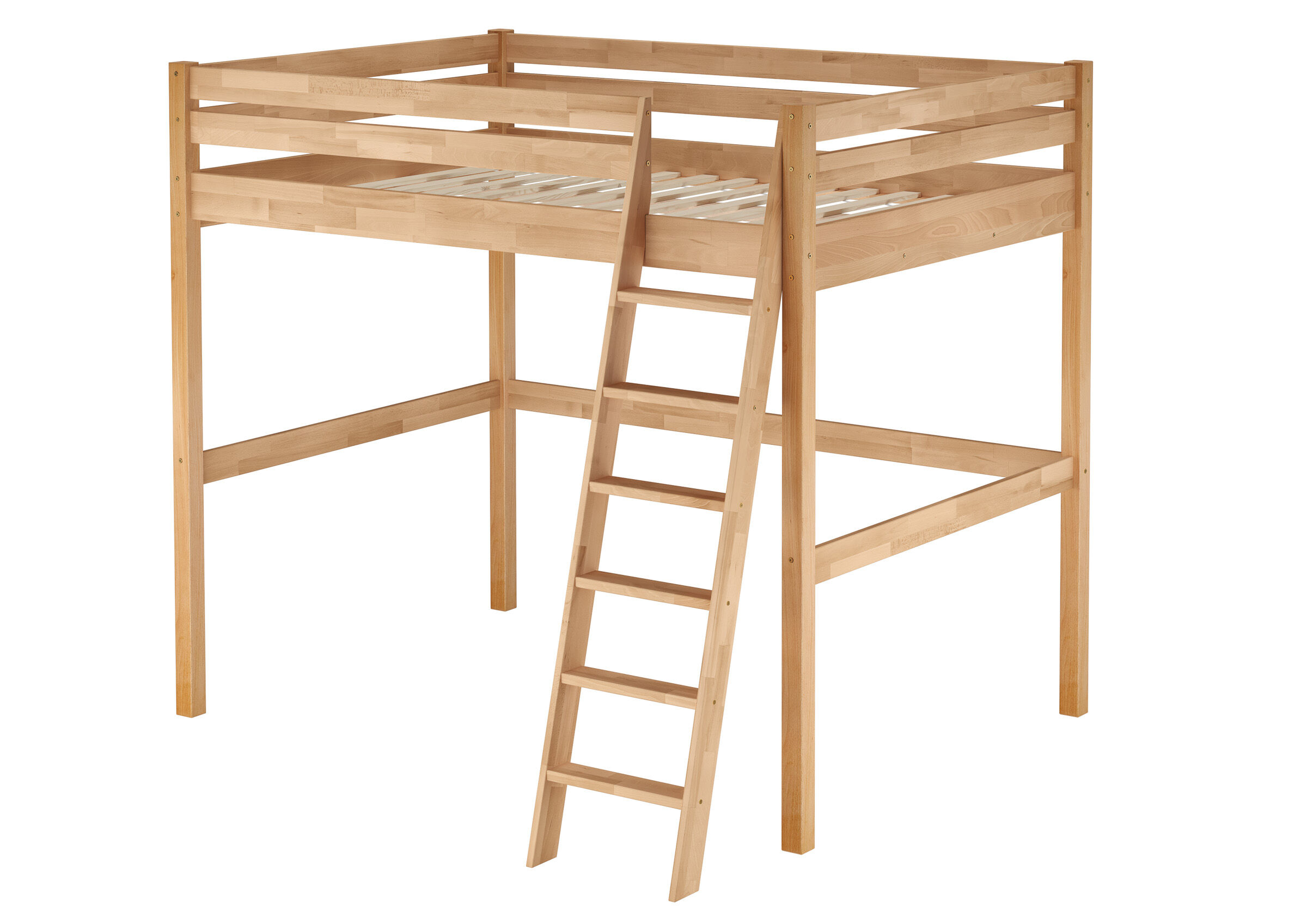 Hochbett, Holz, Leiter, Bettenrahmen, Holzbettenhimmel, Doppelbett als Hochbett 140x200 mit Rollrost