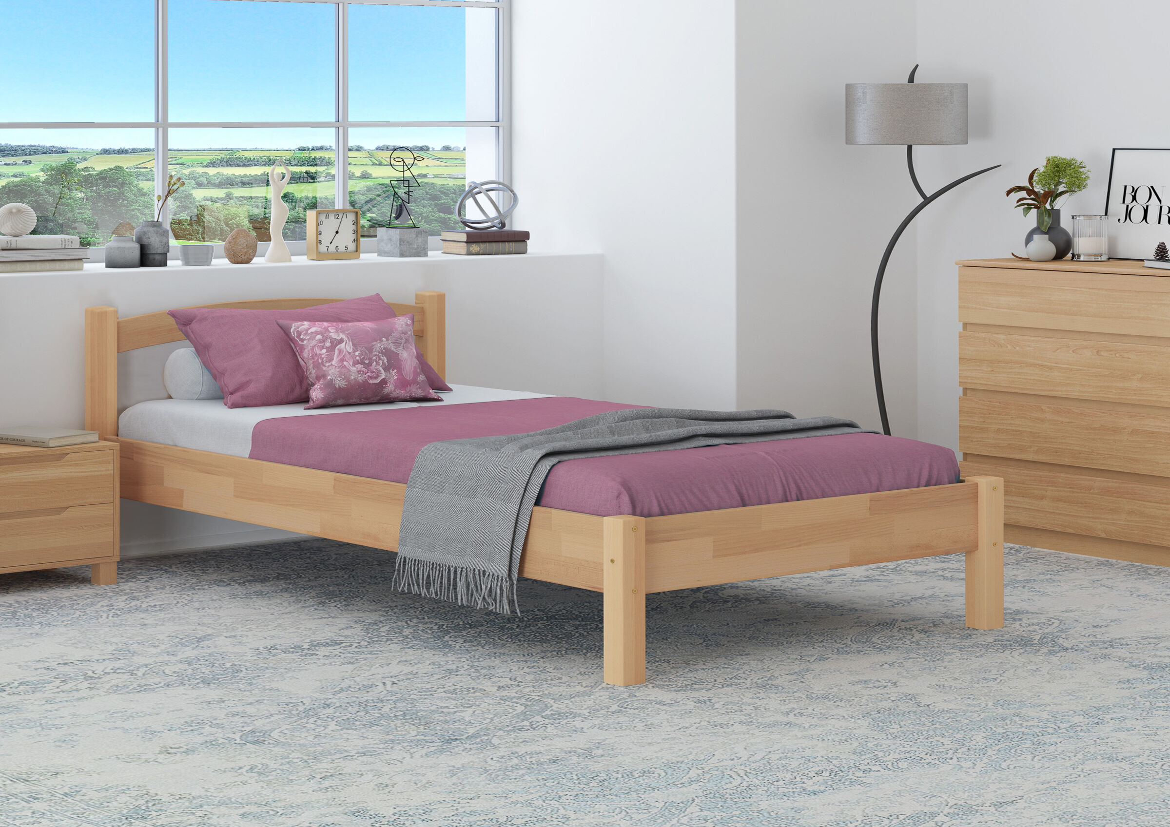Holzbettrahmen, Jugendstilbett, Pinkes Bettzeug, Graue Decke, Nachttisch Holz, Gästezimmer mit Einzelbett Buche massiv