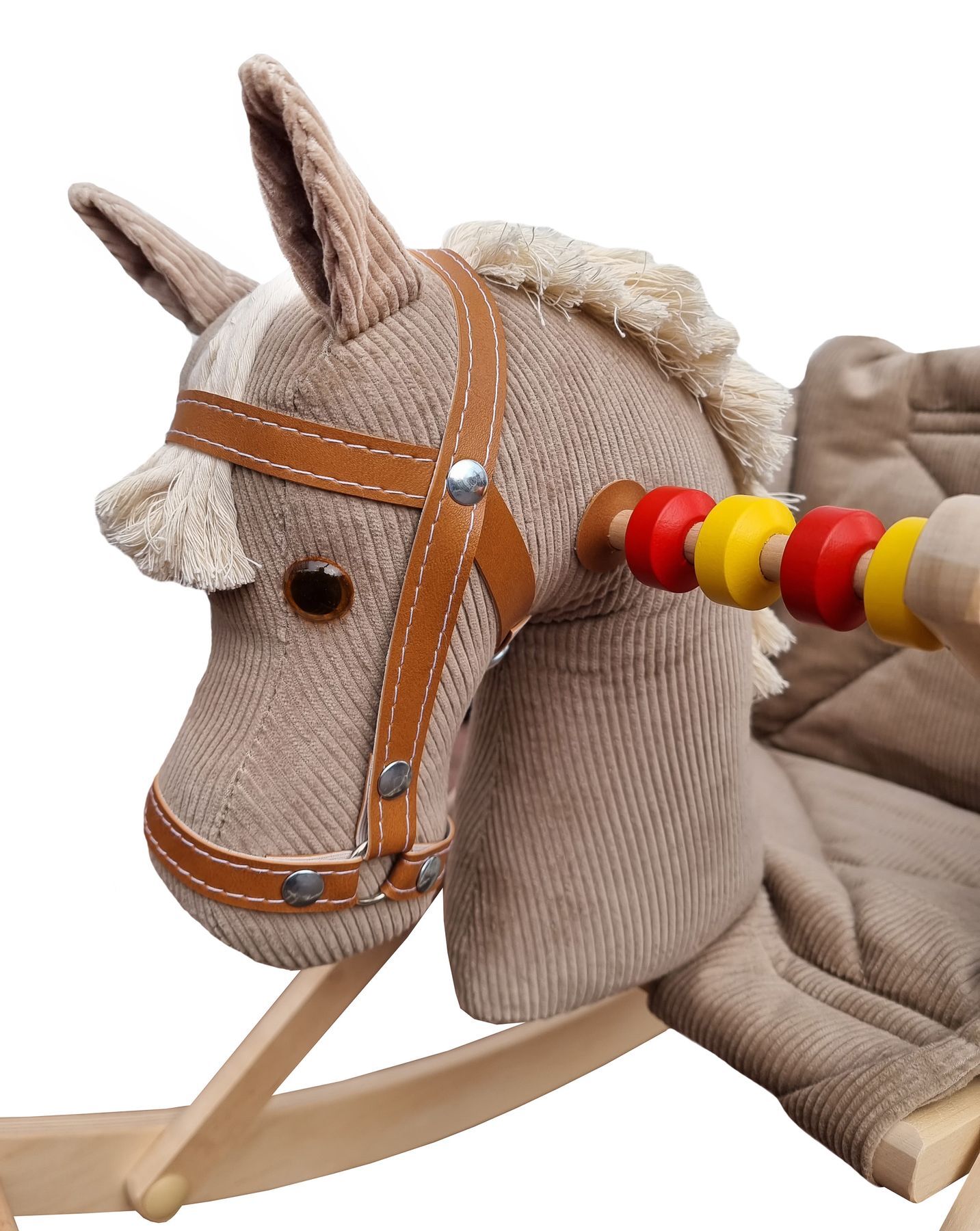 Puppenreitpferd, Kordelband, Holzmodell, Stoffpferd, Haarfransen, Detailbild Kinderschaukelpferd