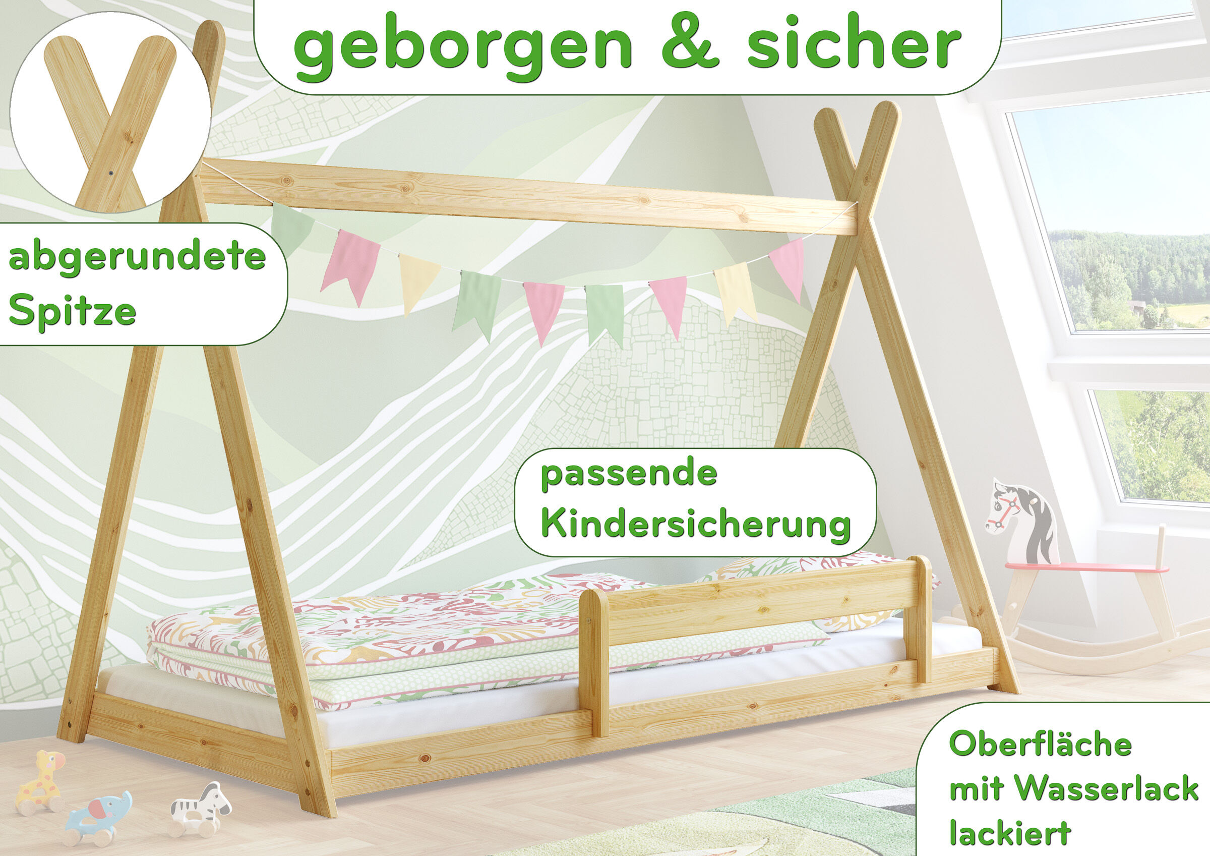 Holzbett, Kletterrahmen, Kinderbett, Betträume, Wasserlackiert, Highlights des Tipi-Bettes 90x200