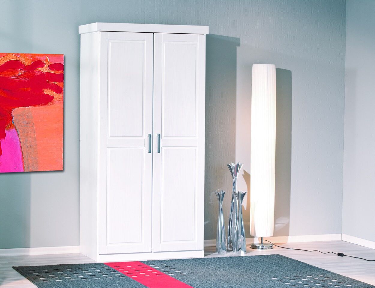 Weißer Schrank, Kleiderschrank, Holzschrank, Standlampe, Dekorationenset, 2-türiger weißer Kleiderschrank