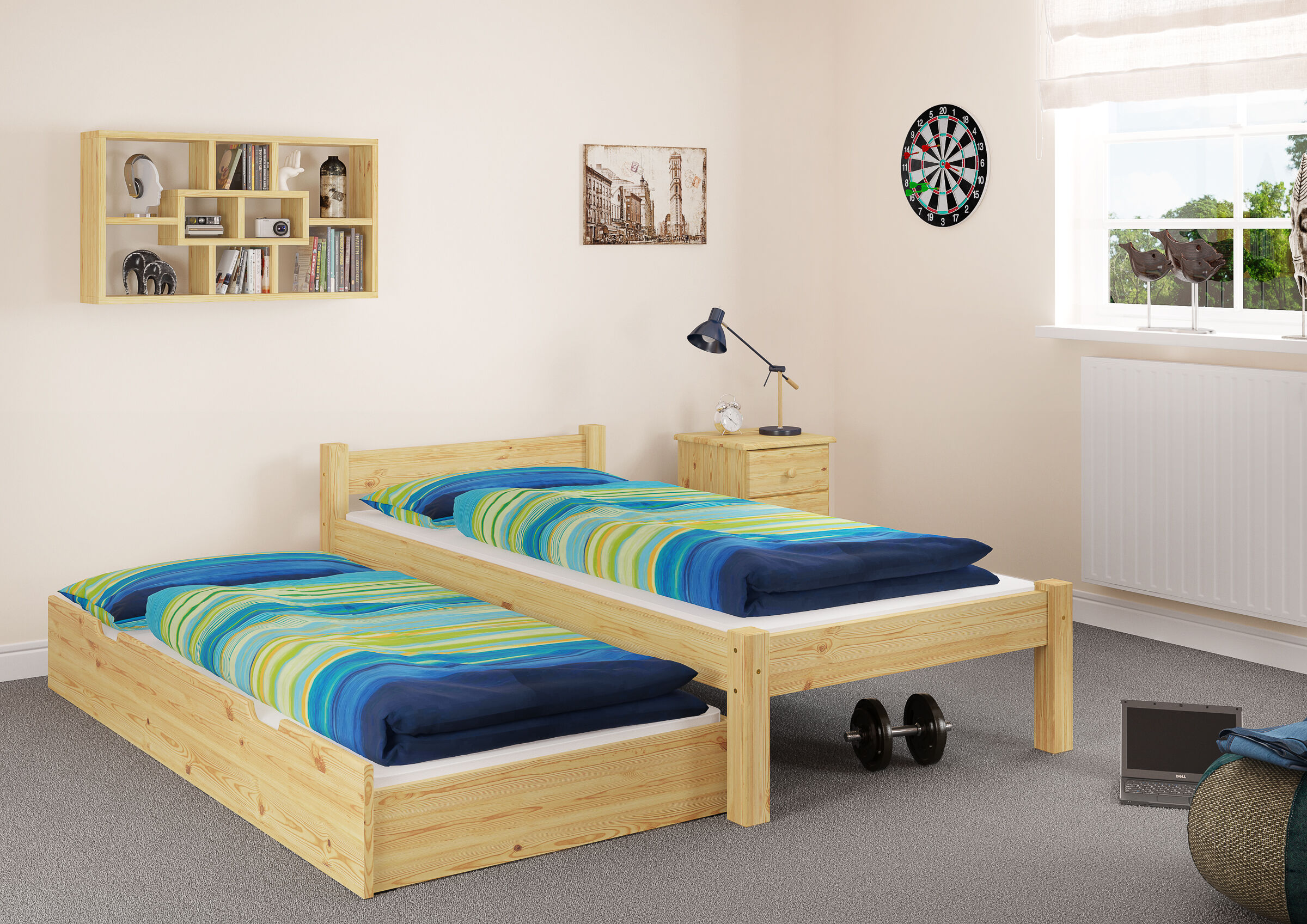 Bett, Einzelbett, Holzbett, Jugendzimmer, Bettwäsche-Set, Jugendzimmer mit Gästebettkasten Kiefer natur