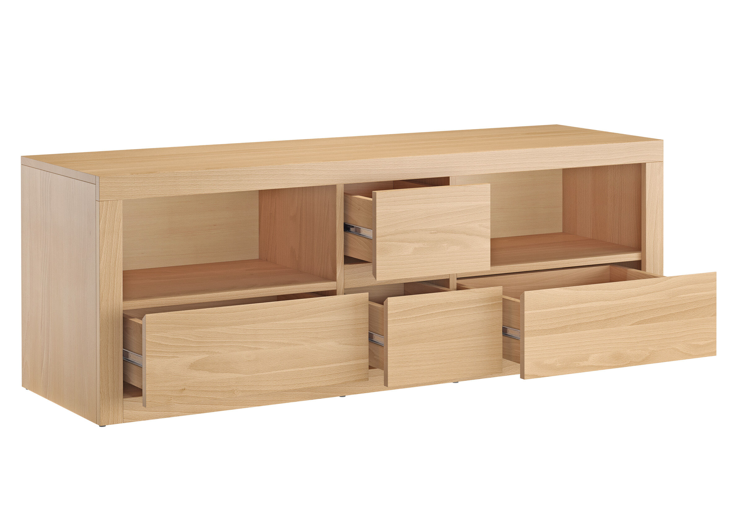 Bücherschrank, Sideboard, Massivholz, Eiche, Schubladen, Zeitloses TV-Lowboard aus Buche im Detail