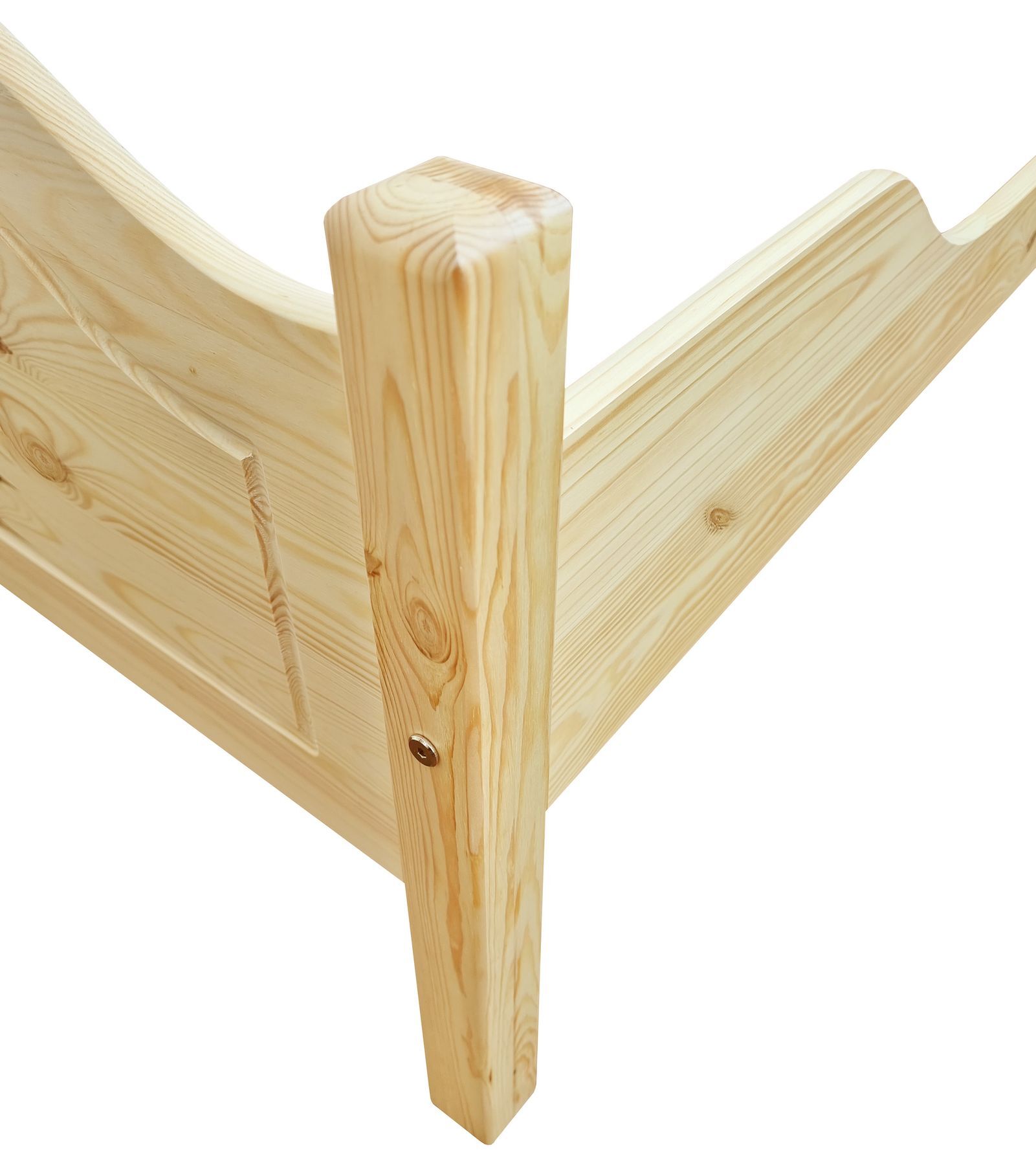 Holzbett, Bettrahmen, Holz, Naturholz, Parkettoptik, Bettpfosten im Detail