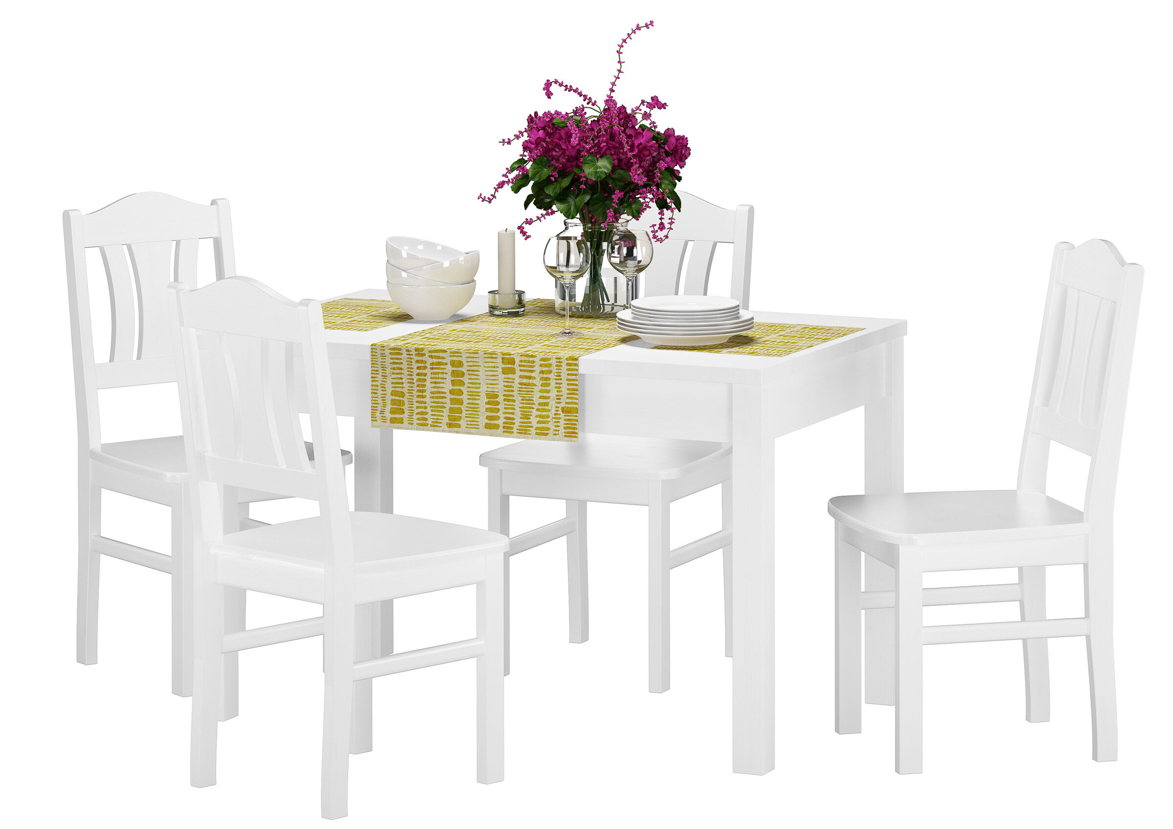 Esstisch, weißer Tisch, Stuhlset, Tischdeko, Blumenarrangement, weißer Küchentisch mit Stühlen