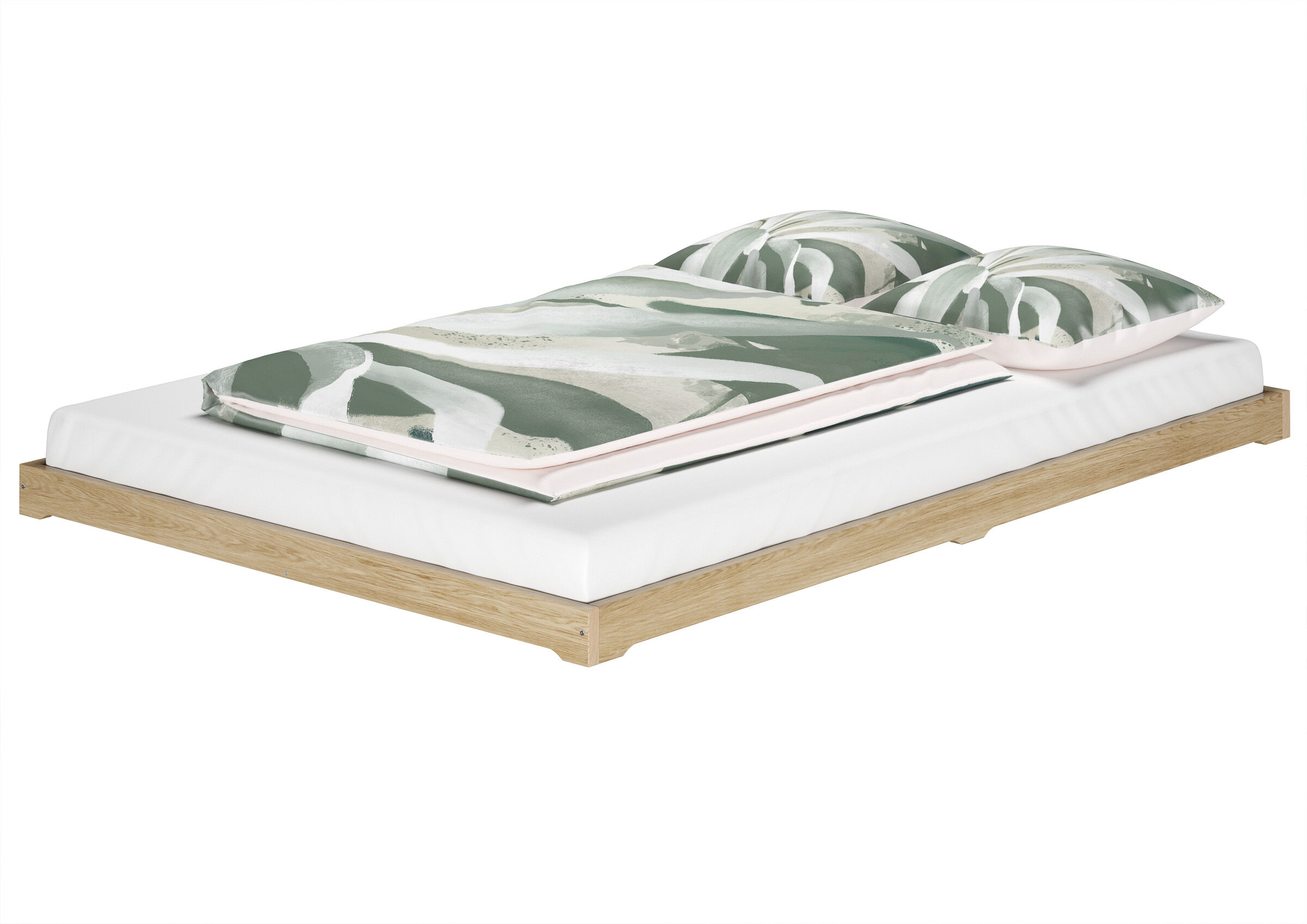 bettgestell, holzrahmen, doppelbett, matratze, bettwäsche, Flachbett aus Esche mit Matratze