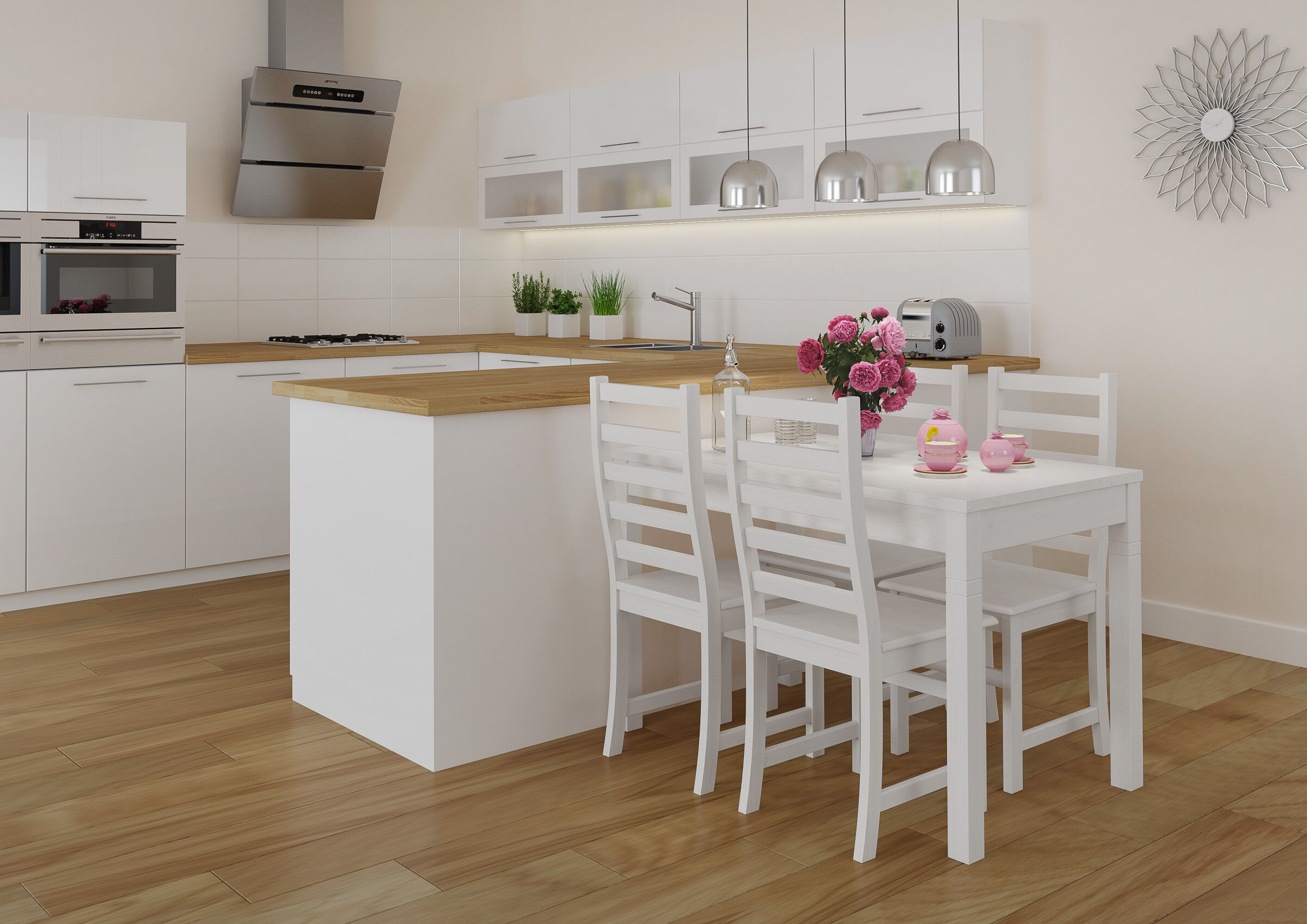 kitchen, Küche, weiße Schränke, Holz-Arbeitsplatte, Esszimmertisch, weißer schmaler Tisch