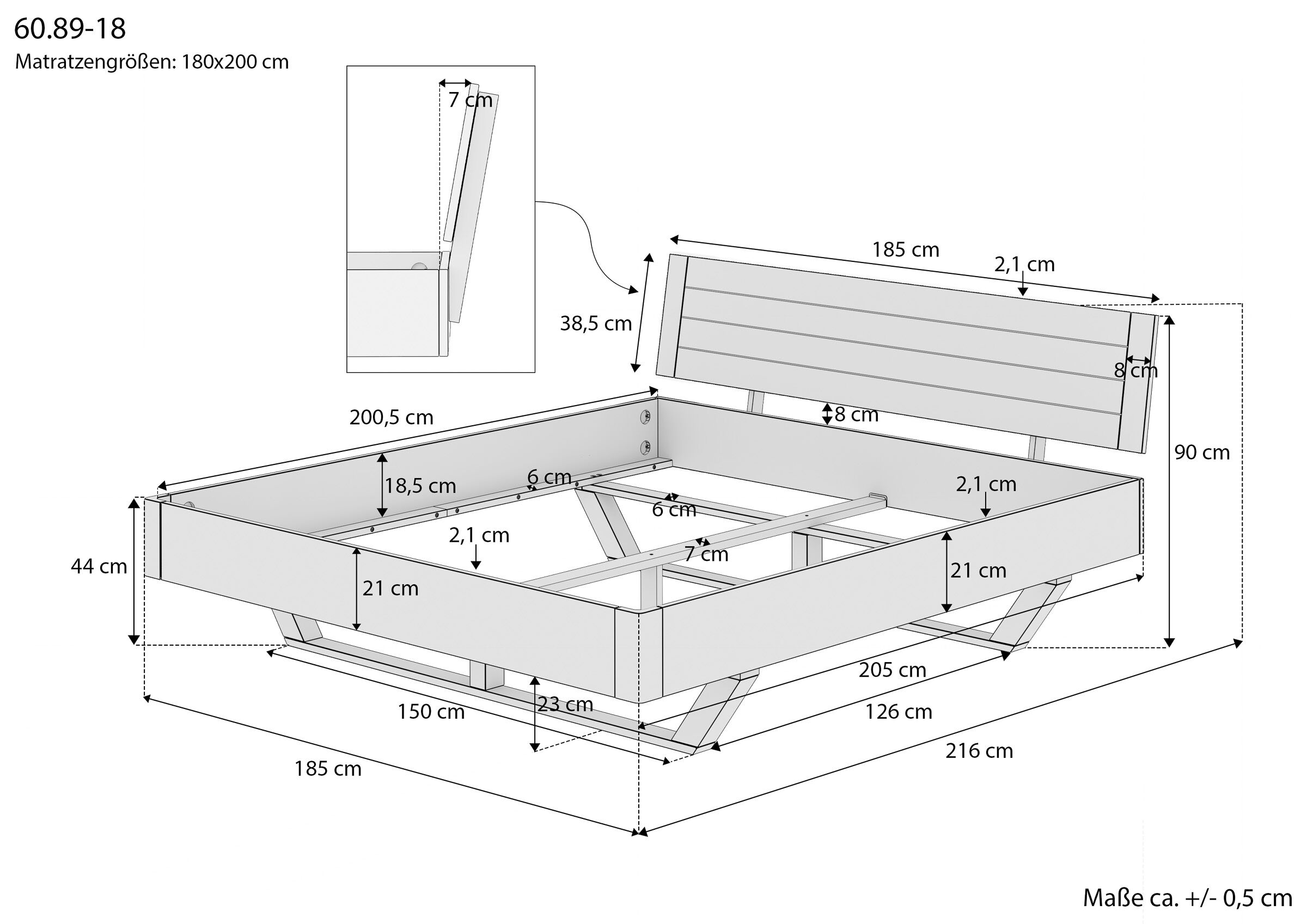 Bettgestell, Pflegebett, Kippbare Rückenlehne, Holzbett, Rahmenbett, Maßskizze des Schwebebettes 180x200