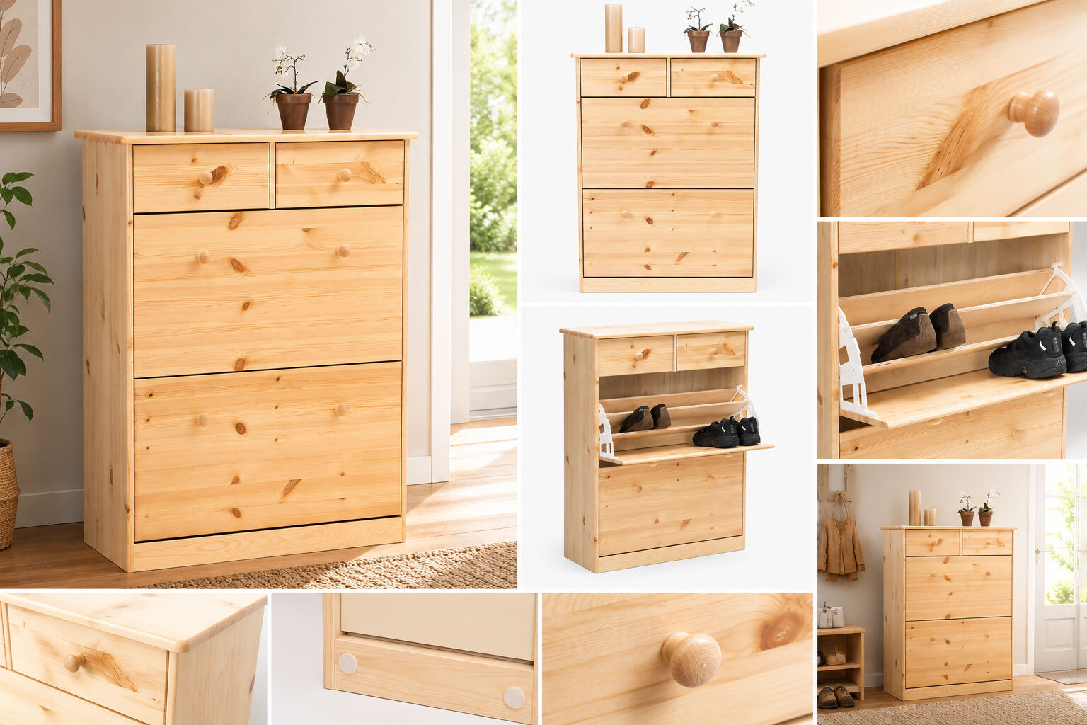 Holzkommode, Aufbewahrungsmöbel, Kiefernholz, Schubladenkommode, Flursetup, Kiefer Schuhschrank Details