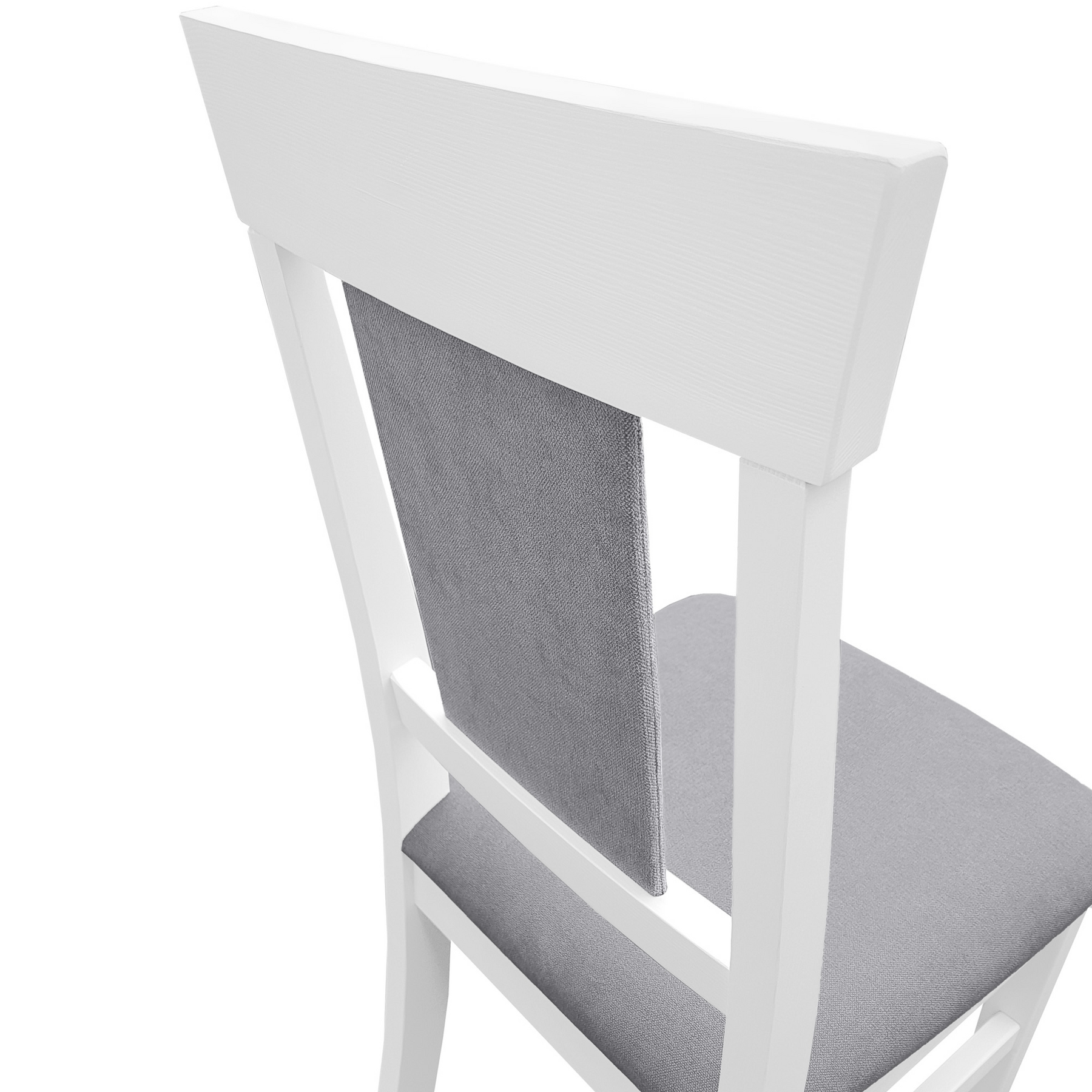 stuhl, holzstuhl, weißer stuhl, gepolsterter rücken, graue polsterung,  Stabiler Holzstuhl aus massiver Kiefer, Modell 25 Bezug Grau, waschweiß lackiert, Modernes Design mit gepolstertem Sitz und Lehne
