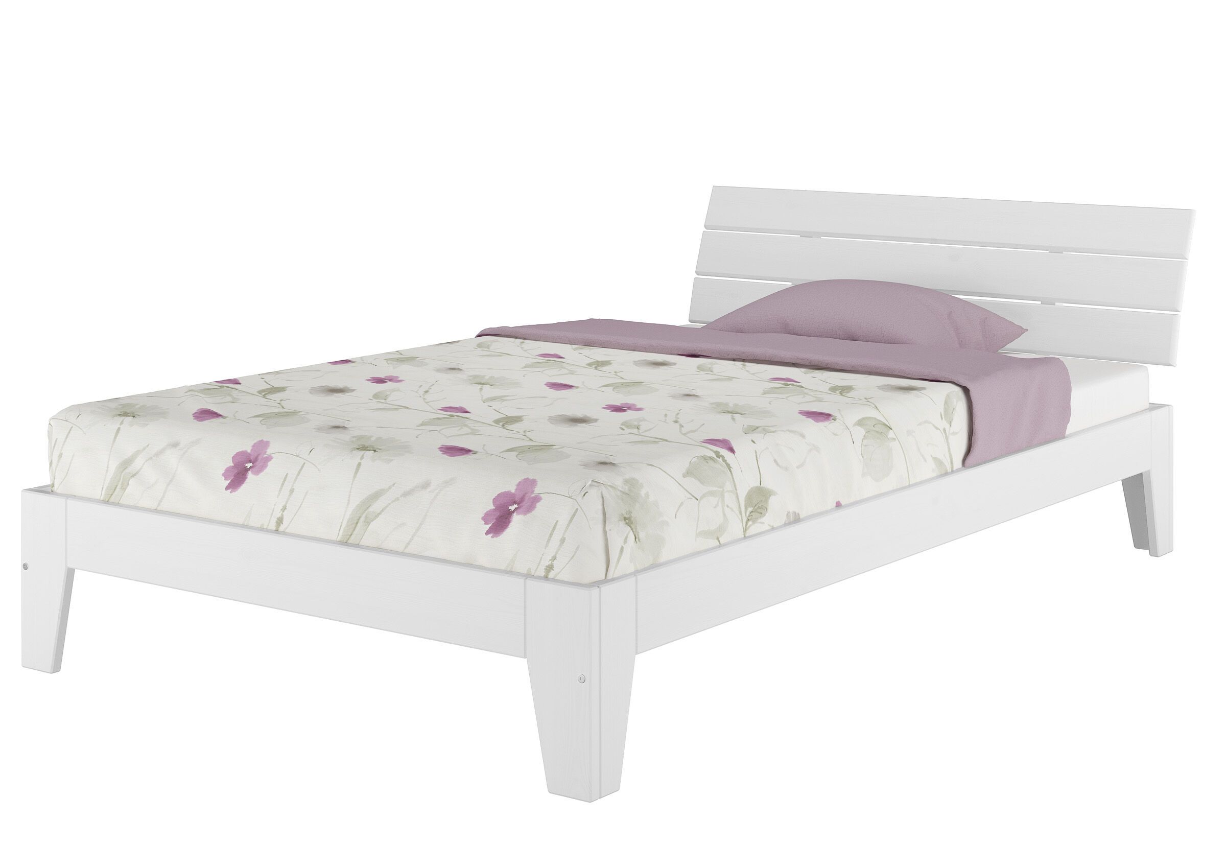 bett, bettrahmen, holzbett, weiß, blumiges bettbezugsmuster,