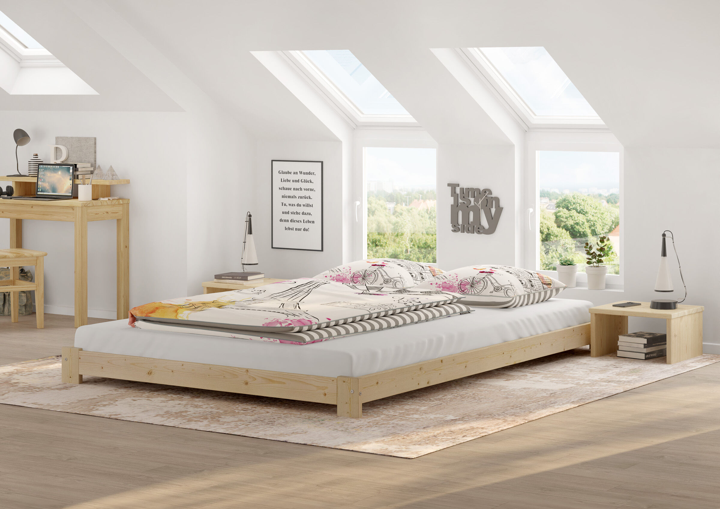 Holzbettrahmen, Bettgestell, Schlafzimmer, Dekoration, Bettwäsche,