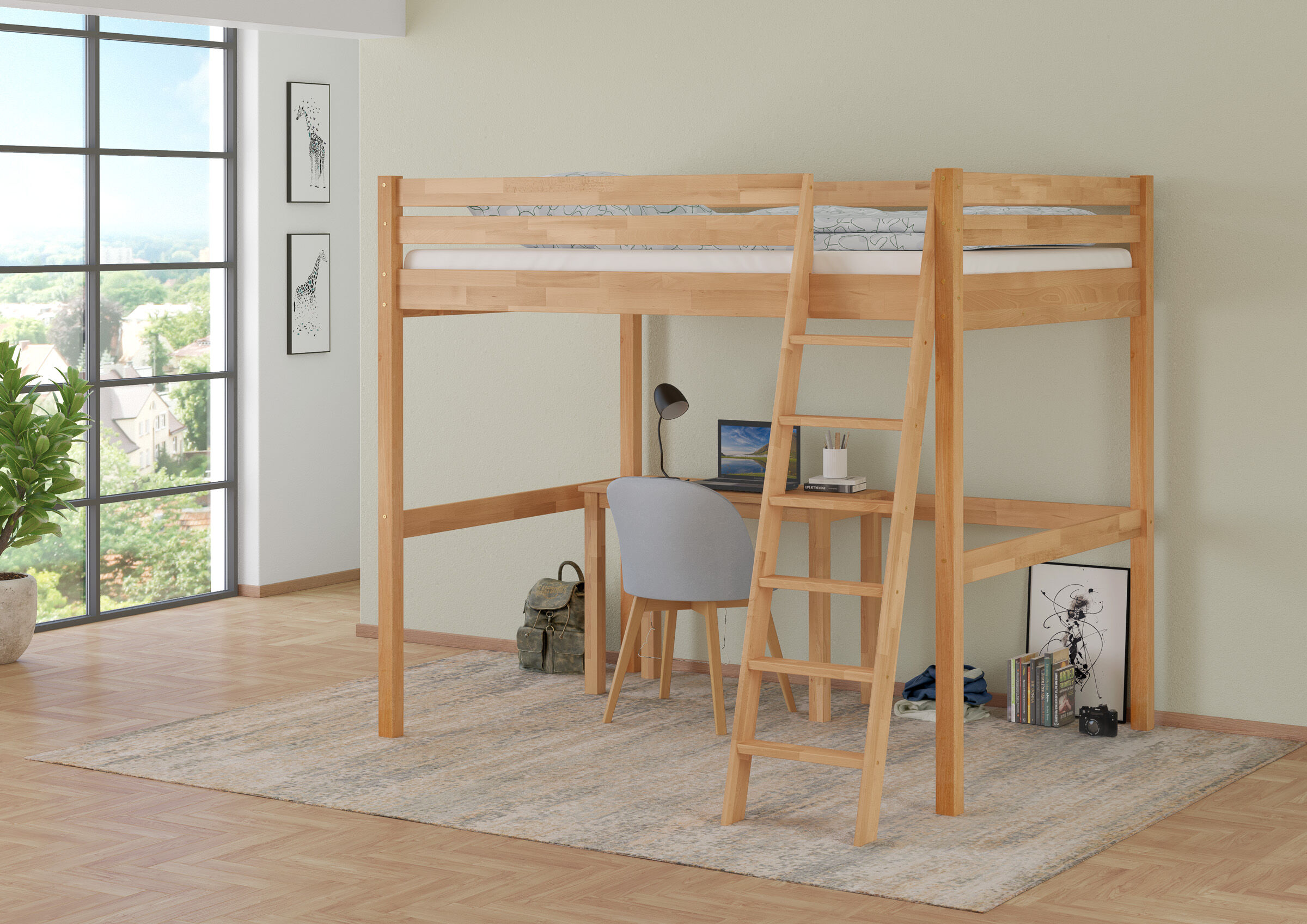 Hochbett, Holz, Schreibtischunterbau, Leiterstuhl, Raum-setup, Zimmerbild des Doppelbett-Hochbettes 140x200 aus Buche
