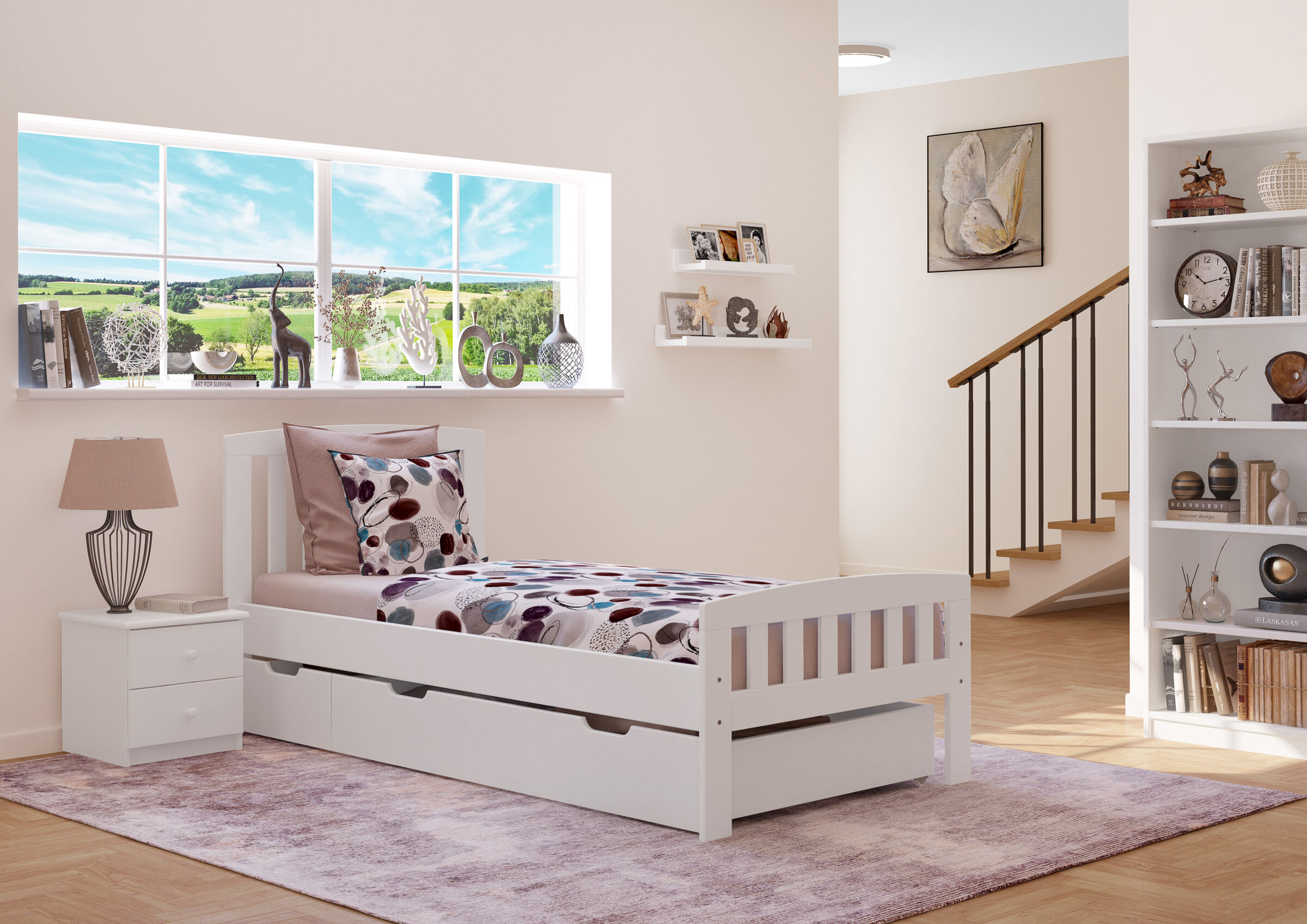 Kinderzimmer, Bett, Nachttisch, Aufbewahrungs-Schubladen, Dekokissen, Einzelbett 90x200 mit Bettkastenset