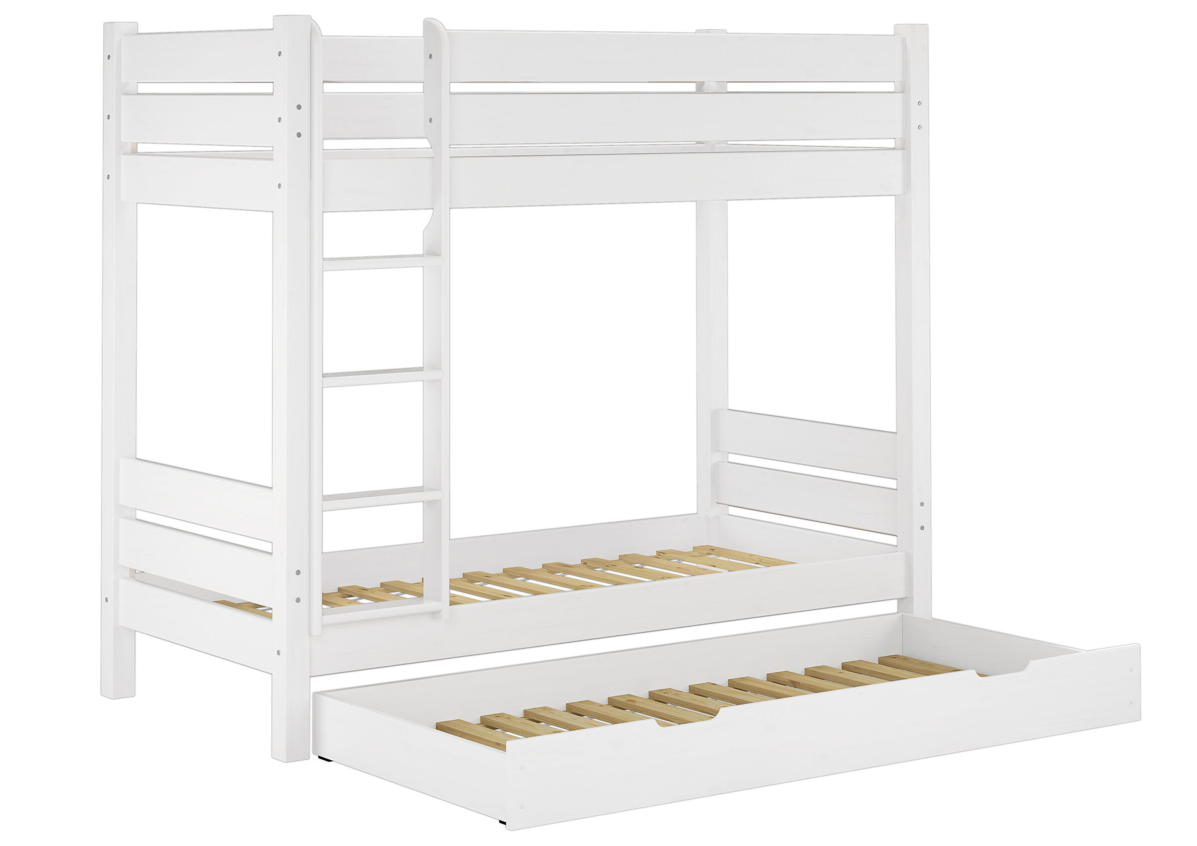 Etagenbett, Denkbares Hochbett, Holzbett, Weißes Bett, Ausziehbett, Etagenbett Kiefer weiß mit Lattenrollrost und Gästebettkasten