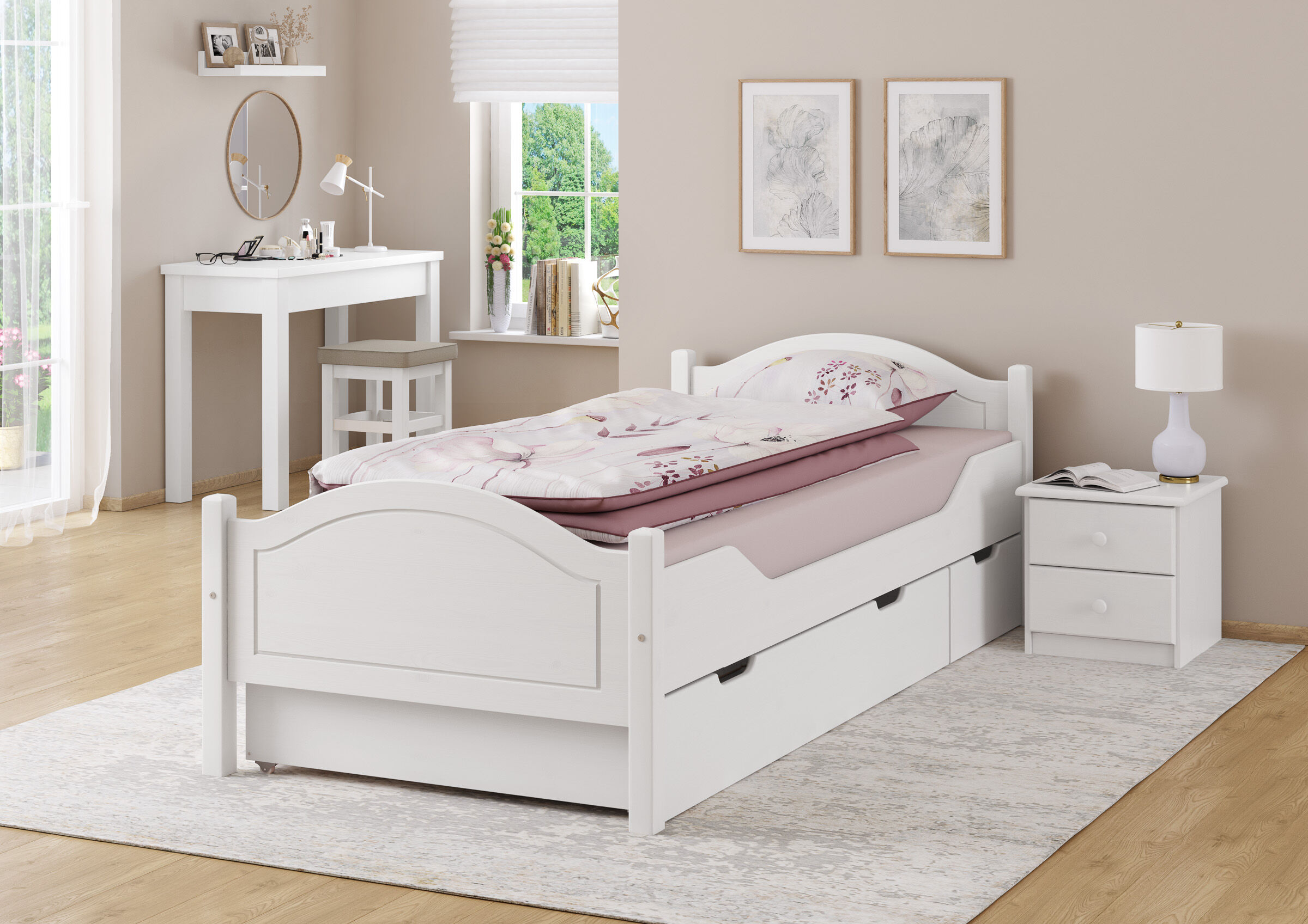 KINDERBETT, HOLZBETT, WEIßE FARBE, BETT MIT STAURAUM, ROSAFARBENE BETTWÄSCHE, Massivholzbett Kiefer weiß mit 2 geteilten Bettschubladen