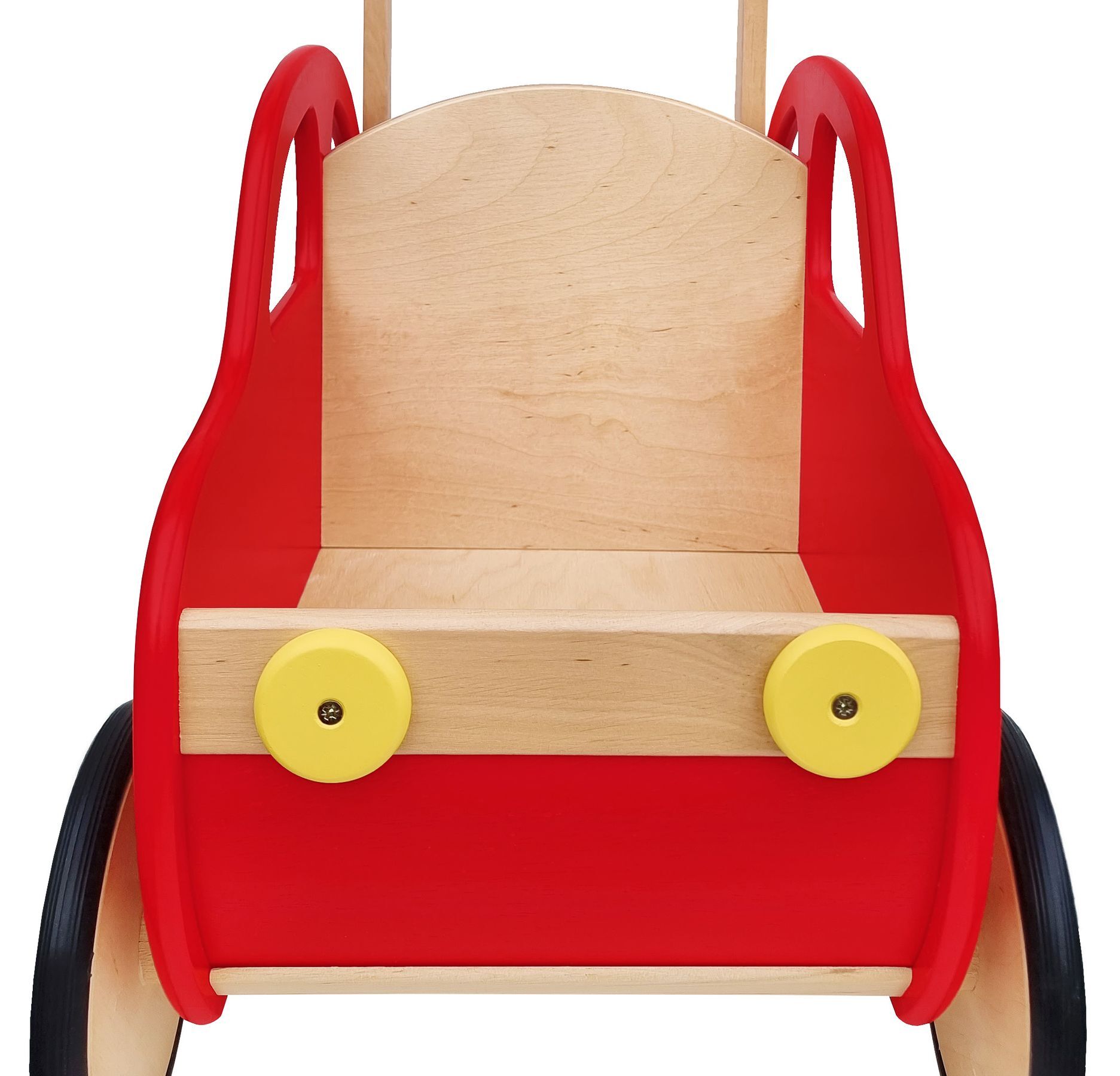 Holz, Kind, Dreirad, Rot, Gelbe Räder, Vorderansicht Puppenwagen rot