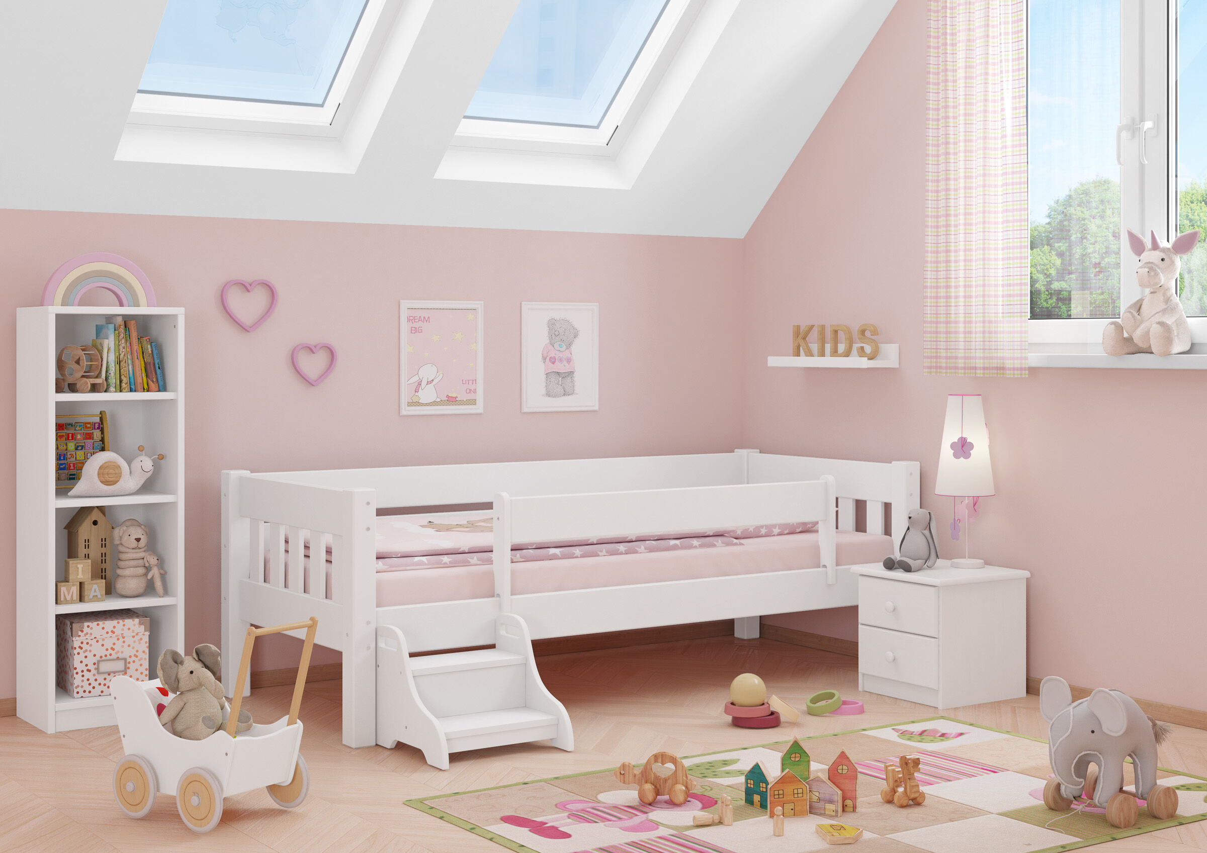 Kinderzimmer, Babybett, Rosa, Spielzeug, Regal, Schlafzimmerbild Kiefer